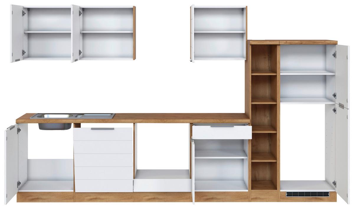 Küchenzeile Florenz ohne Geräte 330 cm Weiß/Eichefarben - Eiche Wotan/Weiß, Design, Holzwerkstoff (330cm) - Held