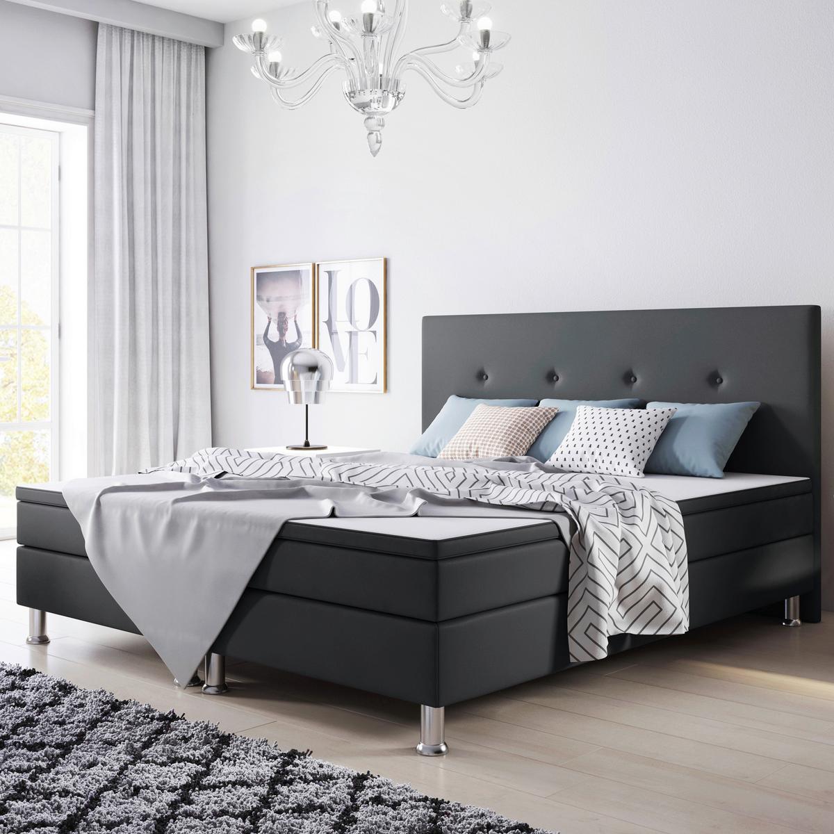 Boxspringbett mit Topper 180x200 cm Jump - Anthrazit/Silberfarben, KONVENTIONELL, Textil (180/200cm) - MID.YOU