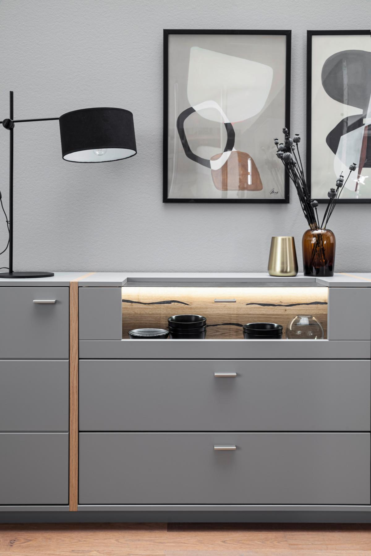 Sideboard Echtholz B: 196 cm Sevilla Grau/Eichefarben - Eichefarben/Grau, Design, Glas/Holzwerkstoff (196/87/44cm) - MID.YOU