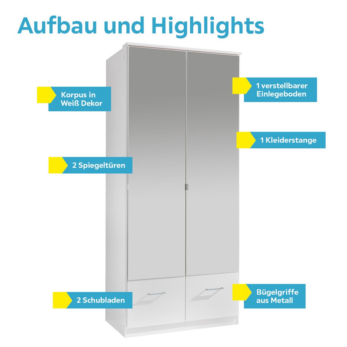 Drehtürenschrank Mit Spiegel + Laden 90cm Imago, Weiß - Weiß, KONVENTIONELL, Glas/Holzwerkstoff (90/199/58cm) - MID.YOU