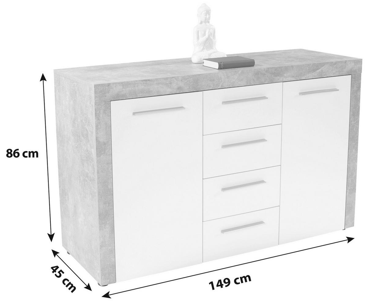 Kommode mit Türdämpfer B 149cm Focus, Beton Optik/Weiß - Schwarz/Weiß, MODERN, Holzwerkstoff (149/86/45cm)