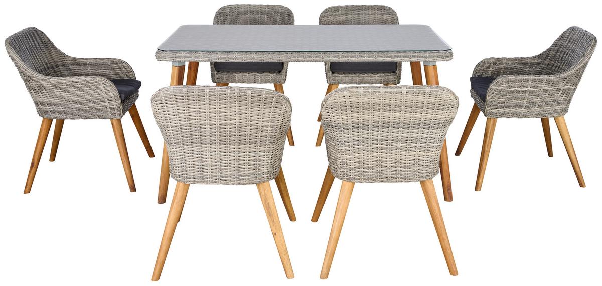 Gartengarnitur 7-tlg. Oslo Kunststoffgeflecht Mit Kissen - Grau/Akaziefarben, MODERN, Glas/Holz - Beldano