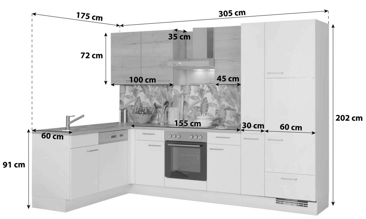 Eckküche Las Vegas/singapur O. Geräte 175x305cm Weiß/eiche - Eichefarben/Weiß, LIFESTYLE, Holzwerkstoff (175/305cm) - Vertico