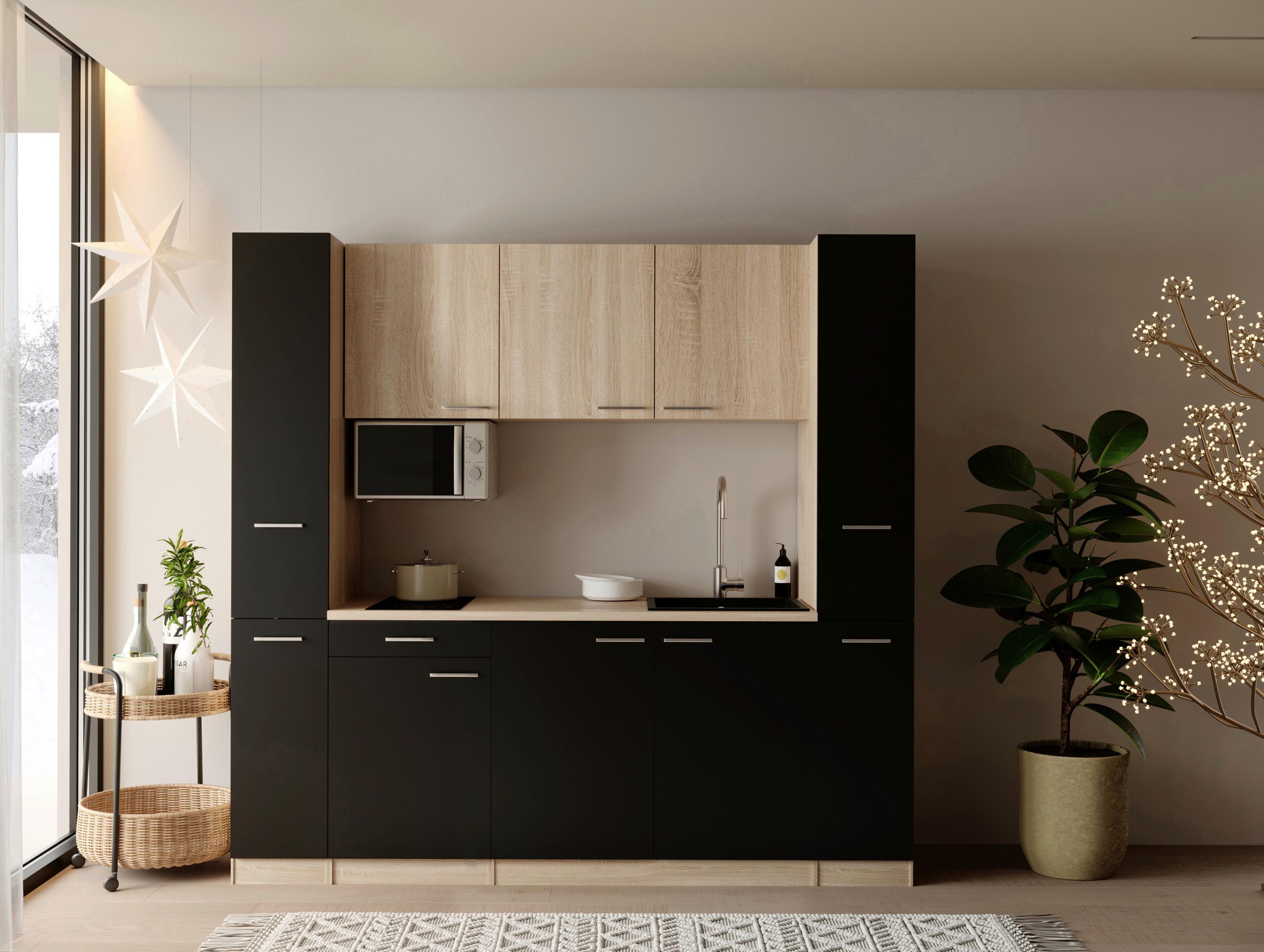 KÜCHENBLOCK Ingrid, Schwarz B: 210 cm - Eichefarben/Schwarz, Design, Holzwerkstoff (210cm) - Respekta