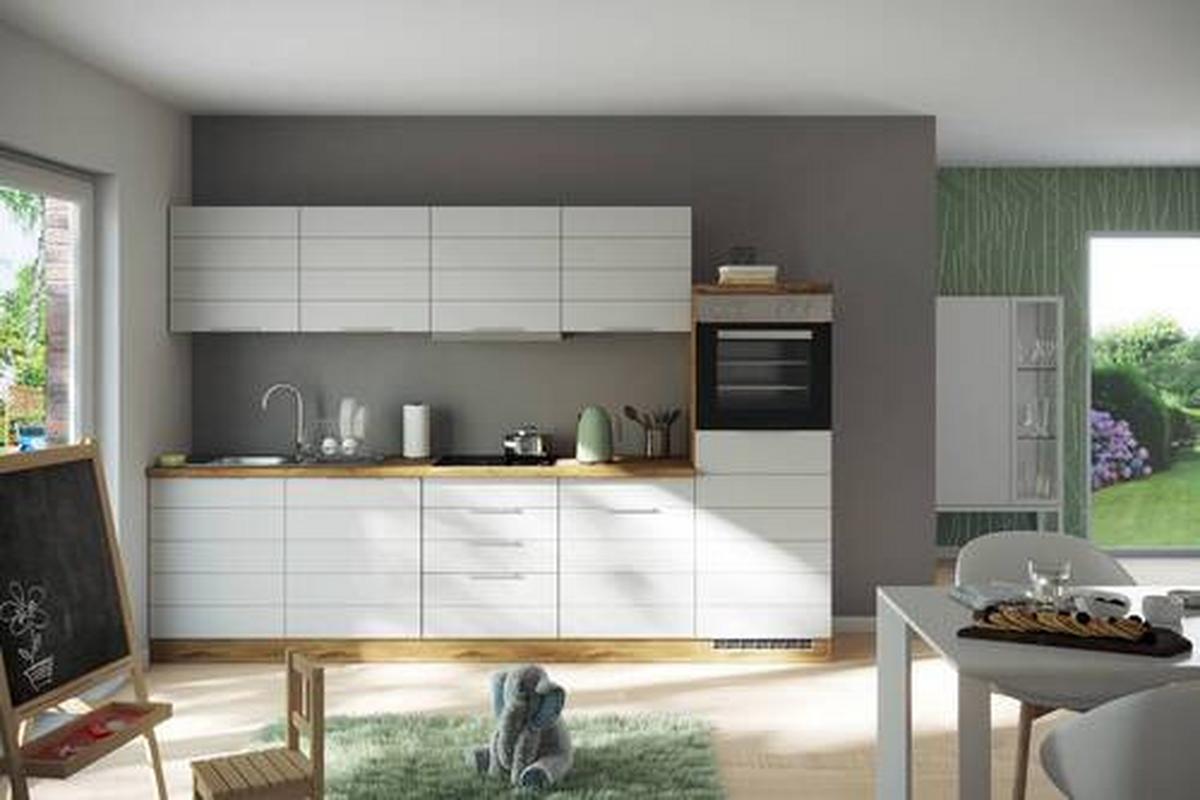 Küchenzeile Florenz mit Geräten 300 cm Weiß/Eichefarben - Eiche Wotan/Weiß, Design, Holzwerkstoff (300cm) - Held