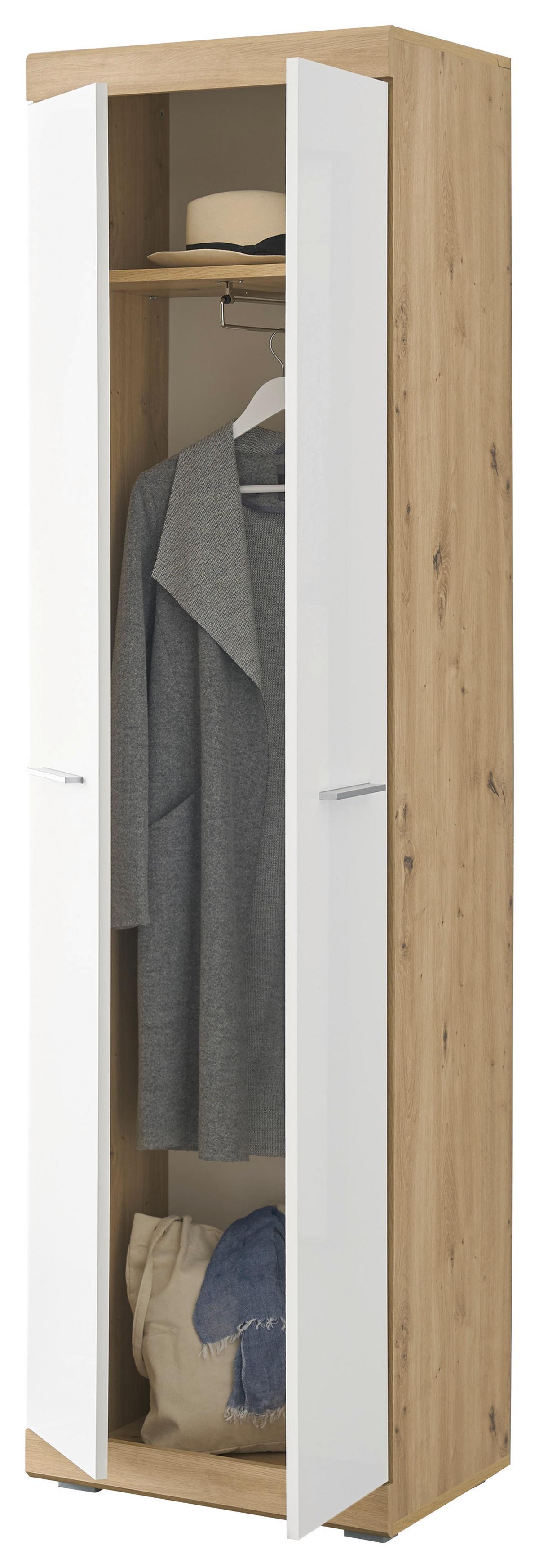 Garderobenschrank Nola Eiche Artisan/Weiß B: 55 cm - Weiß Hochglanz/Silberfarben, Design, Holzwerkstoff (55/195/38cm) - MID.YOU