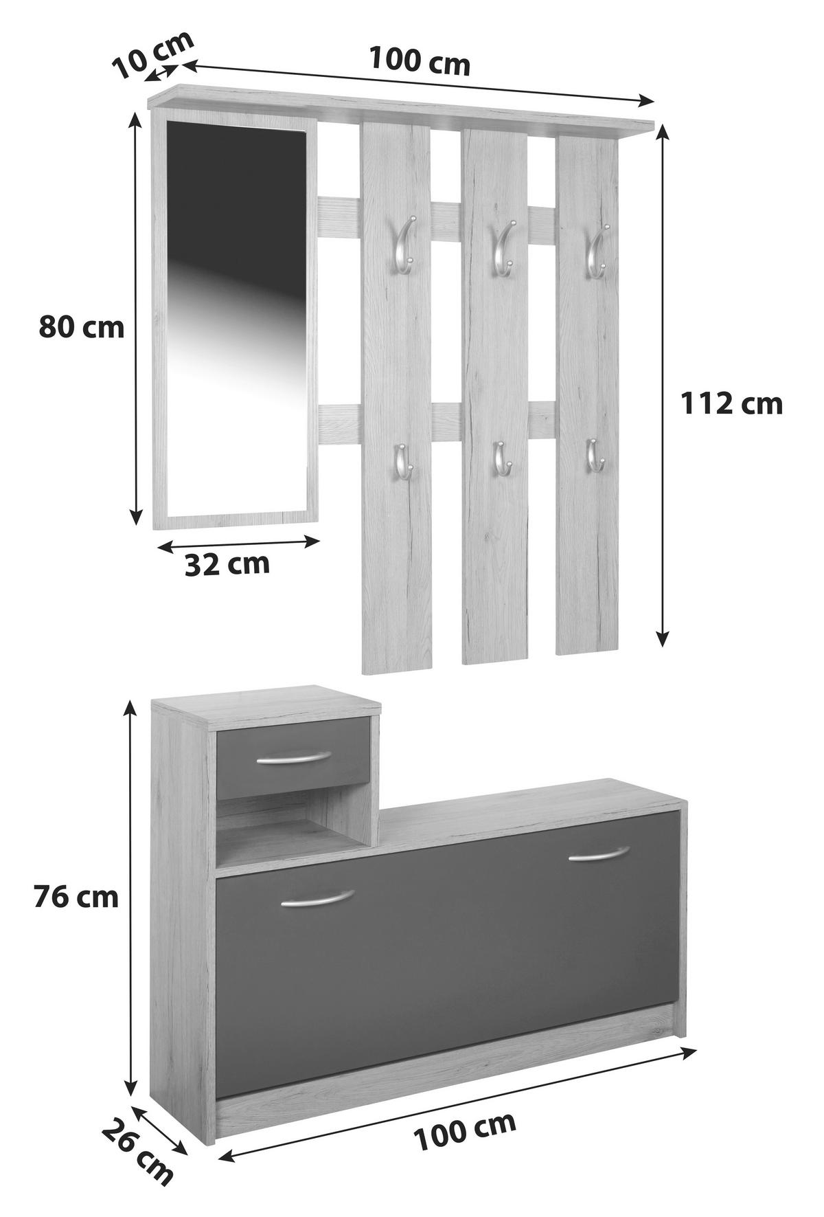 Garderoben-Set Iza San Remo/ Moorbraun 3--teilig. Mit Spiegel - Eichefarben/Braun, KONVENTIONELL, Glas/Holzwerkstoff (100/190/26cm)