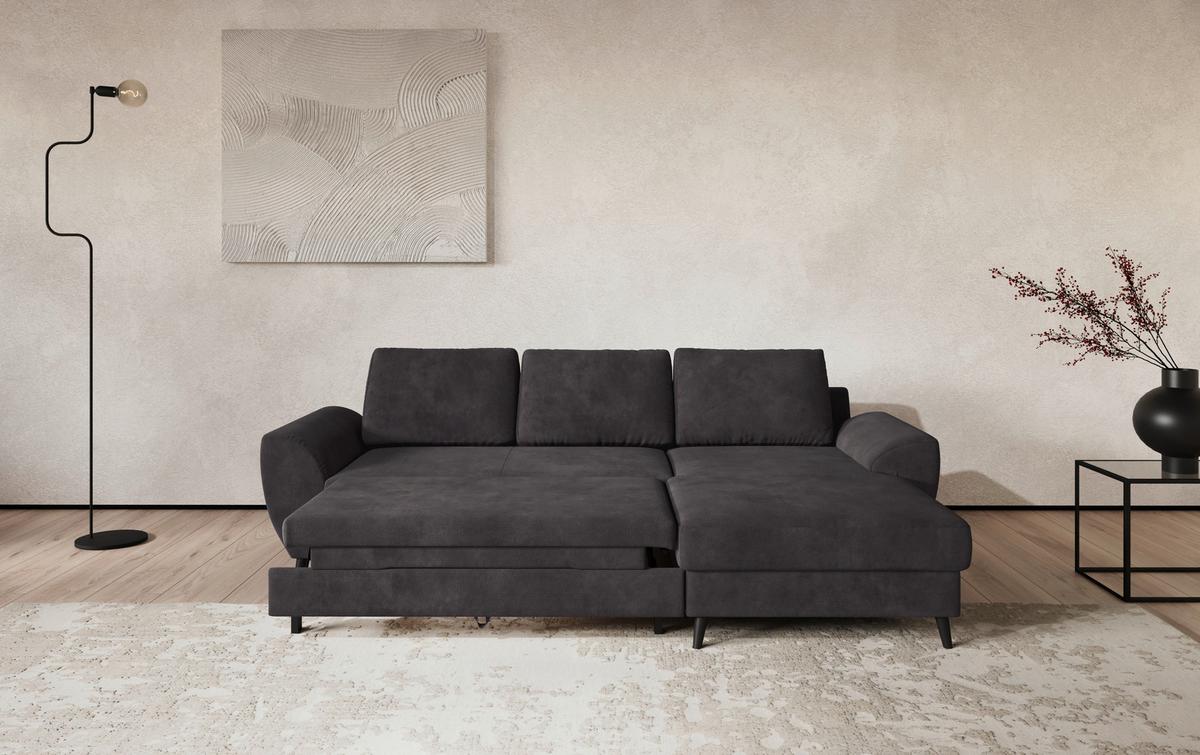 Ecksofa mit Bettfunktion Terra Chenille schwarz, B: 255cm - Schwarz, Trend, Textil (255/154cm) - MID.YOU