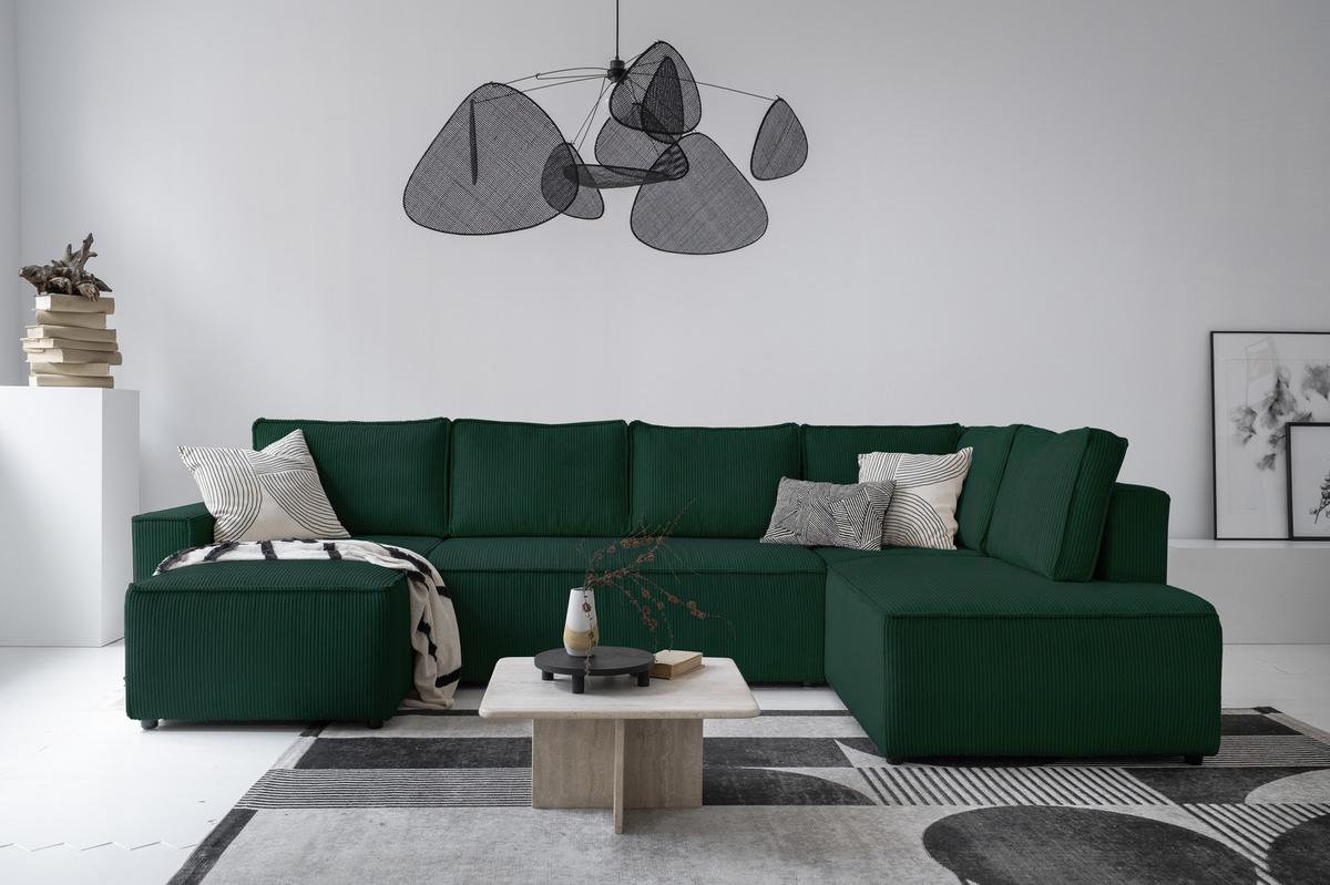 Rohová sedacia súprava OLIVER, tmavozelená, menčester, pravá - čierna/tmavozelená, Design, textil/plast (156/322/194cm) - MID.YOU