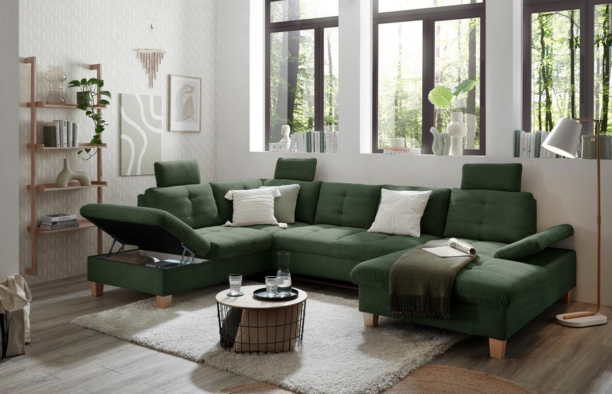 Wohnlandschaft Ascot Dunkelgrün U: 220x324x170 Cm - Dunkelgrün/Eichefarben, KONVENTIONELL, Textil (220/324/170cm) - MID.YOU