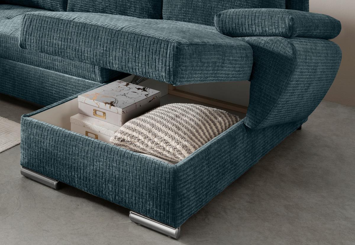 Wohnlandschaft Terana Blau mit Schlaffunktion, Mikrofaser - Chromfarben/Blau, KONVENTIONELL, Textil (219/305/157cm) - Livetastic