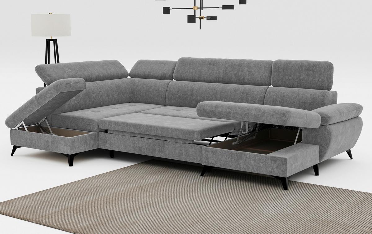 Wohnlandschaft mit Bettkasten Hudson Grau - Dunkelgrau/Schwarz, Textil (207/324/166cm) - MID.YOU