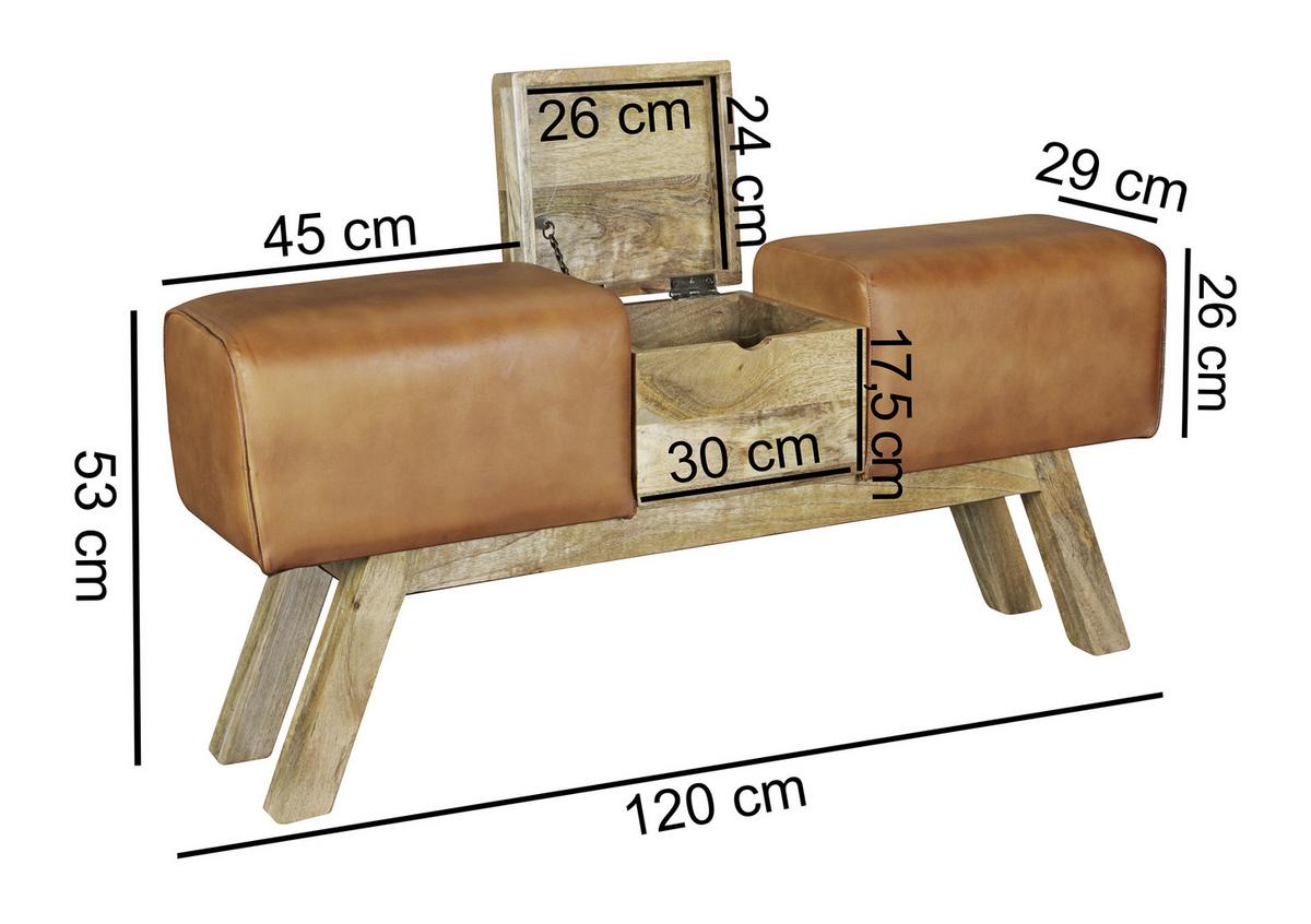 Garderobenbank B: 120 Cm Gepolstert Leder/mangoholz - Braun, Natur, Leder (120/53/29cm) - MID.YOU