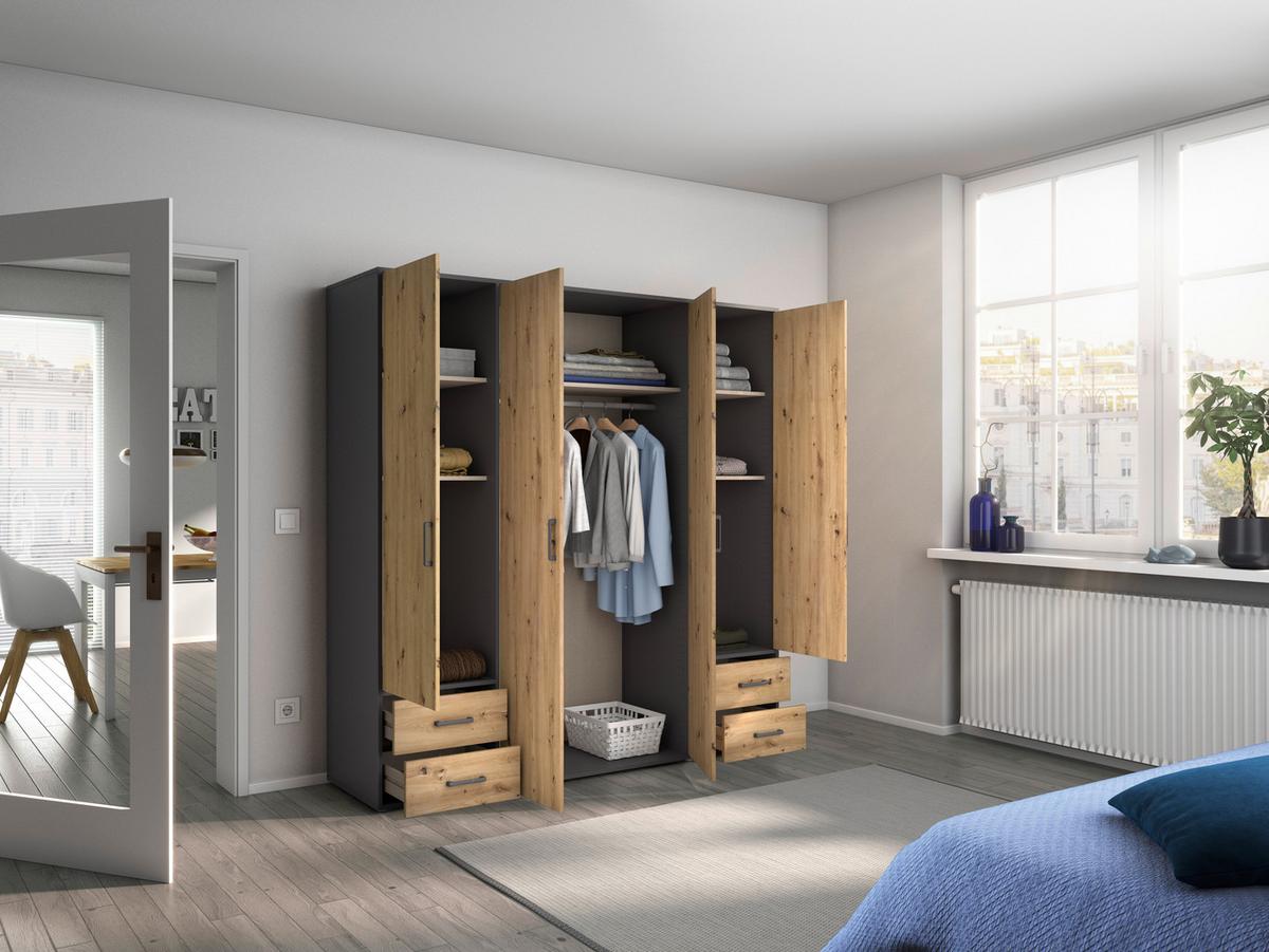 Drehtürenschrank Voyager Grau,eiche Artisan B: 187 Cm - Eiche Artisan/Grau, MODERN, Holzwerkstoff (187/194/53cm) - Rauch Möbel