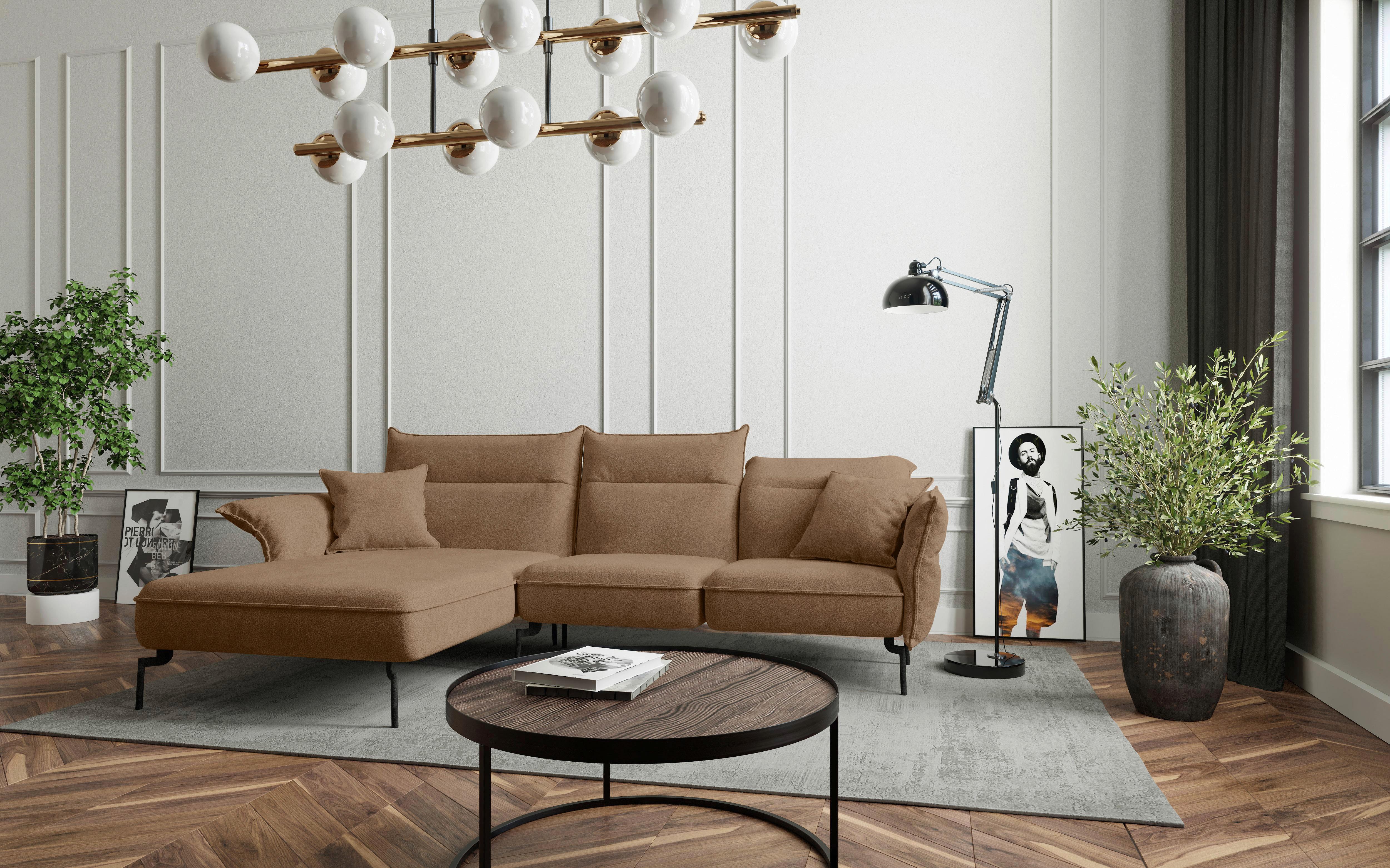 Ecksofa Jakarta - Hellbraun/Edelstahlfarben, Design, Textil (185/265cm) - Livetastic