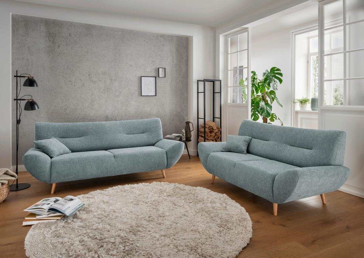 3-Sitzer-Sofa Chenille Blau Rücken Echt - Wildeiche/Blau, MODERN, Textil (205/81/90cm) - MID.YOU