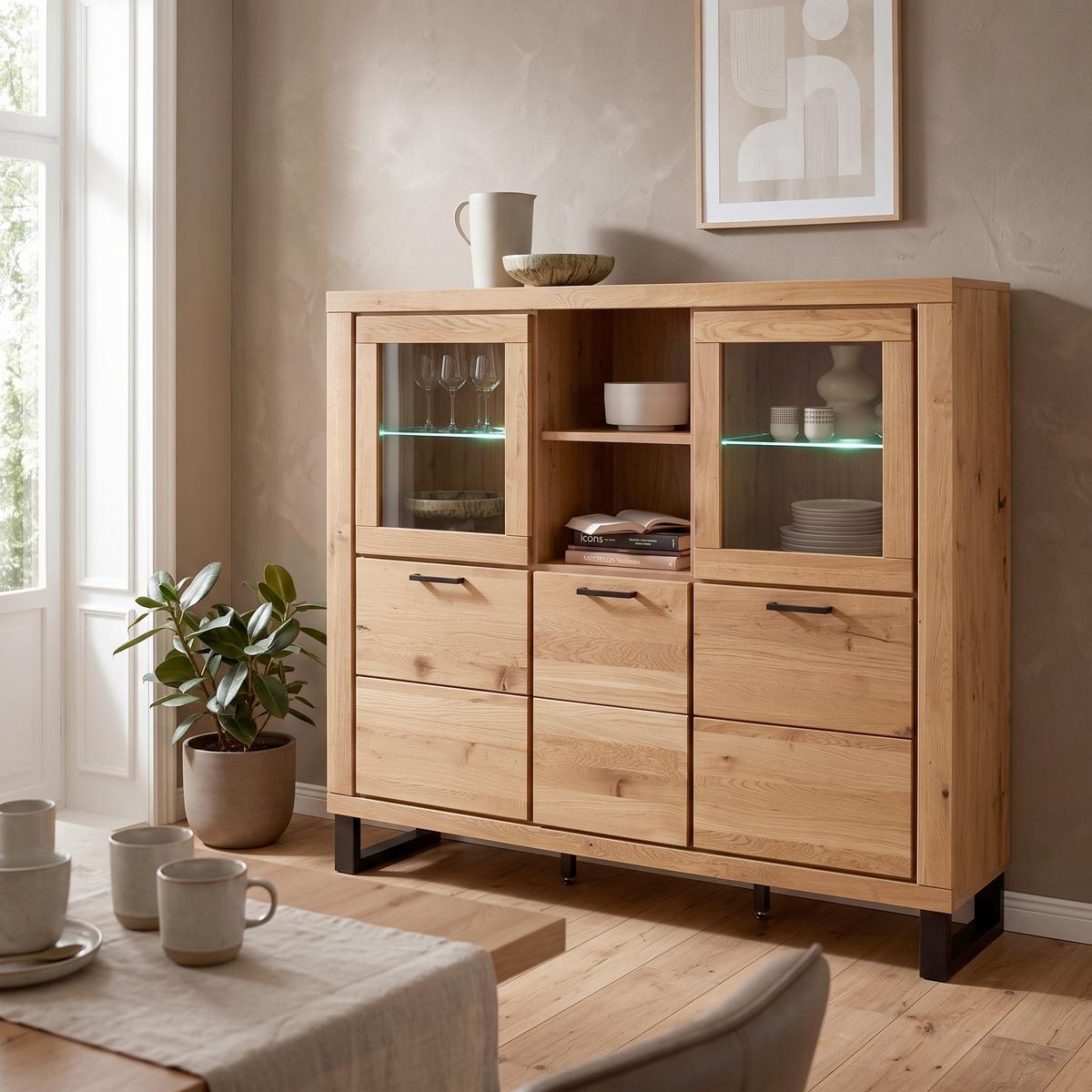 Highboard Kambo Wildeiche 5 Türen - Wildeiche/Schwarz, ROMANTIK / LANDHAUS, Glas/Holz (158,5/140/40cm)