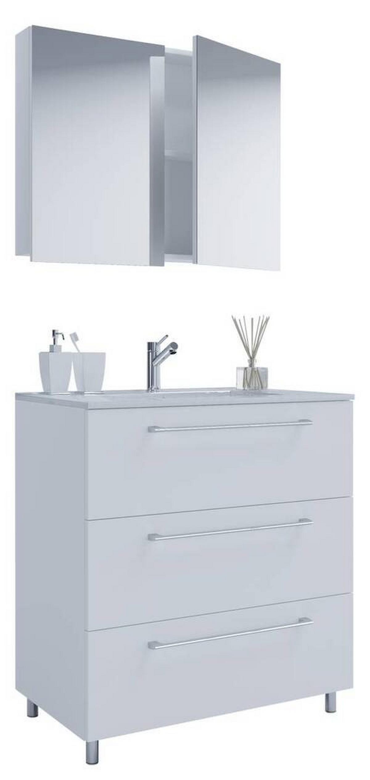 Badmöbel-Set 3-Tlg. Schubo B: 60 cm Weiß Dekor - Alufarben/Weiß, MODERN, Keramik/Holzwerkstoff (60cm) - MID.YOU