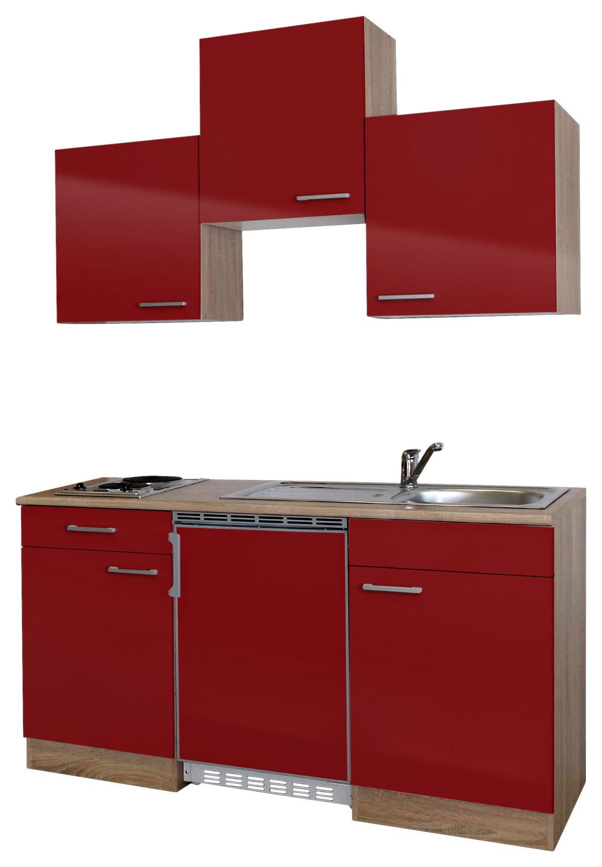 Miniküche M. Kühlschrank + Kochfeld 150cm Rot/eiche Dekor - Rot, Basics, Holzwerkstoff (150cm) - Respekta