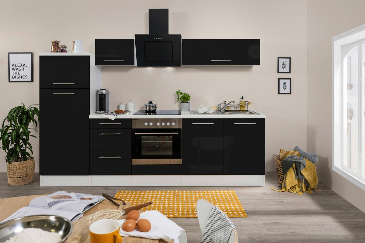Küchenzeile mit Geräten 270 cm Schwarz Hochglanz/Weiß - Schwarz/Weiß, KONVENTIONELL, Holzwerkstoff (270cm) - Respekta