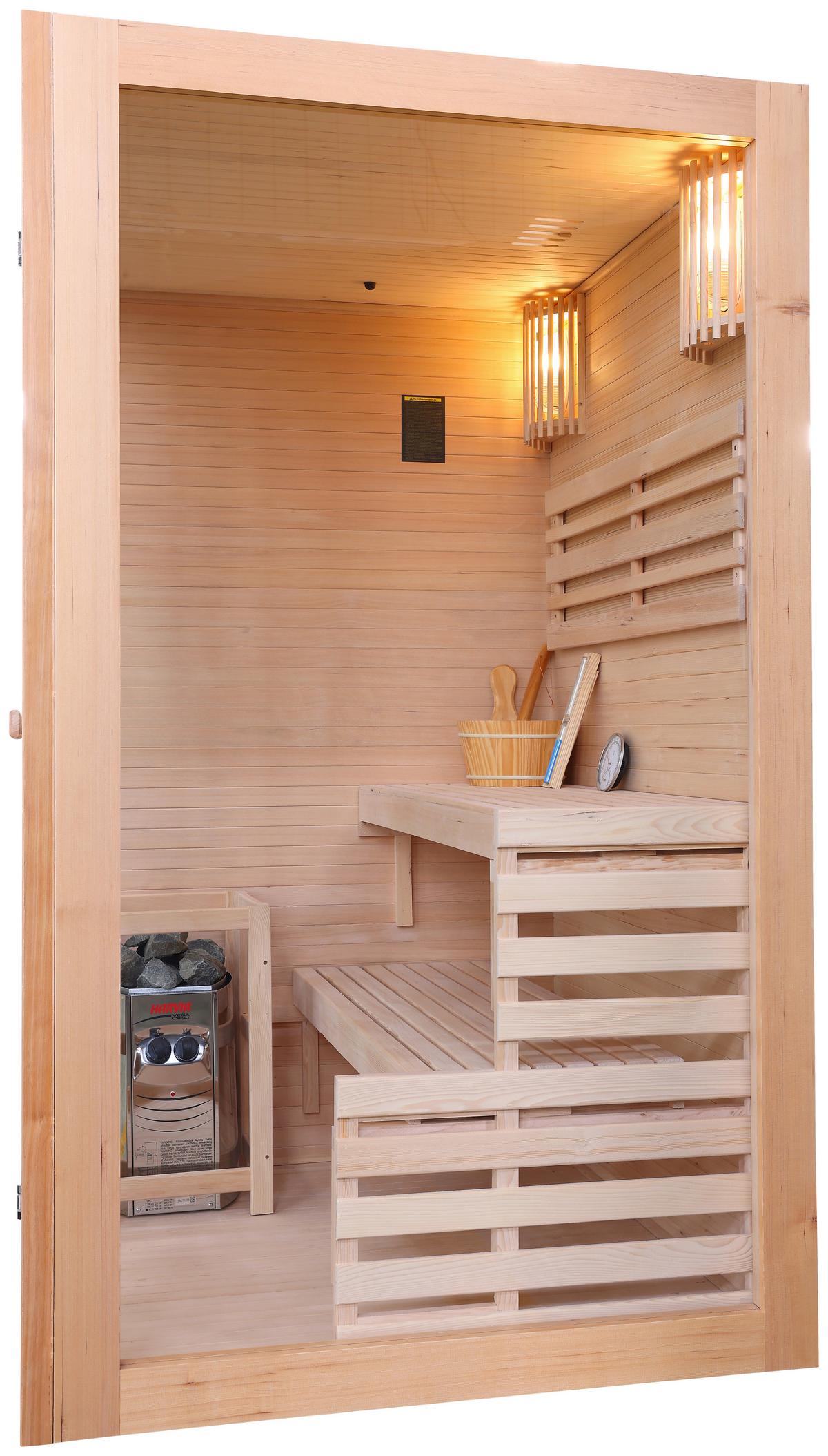 Finnische Panoramasauna BxHxT: 130x120x200 cm - Naturfarben, Basics, Glas/Holz (130/120/200cm) - Sanotechnik