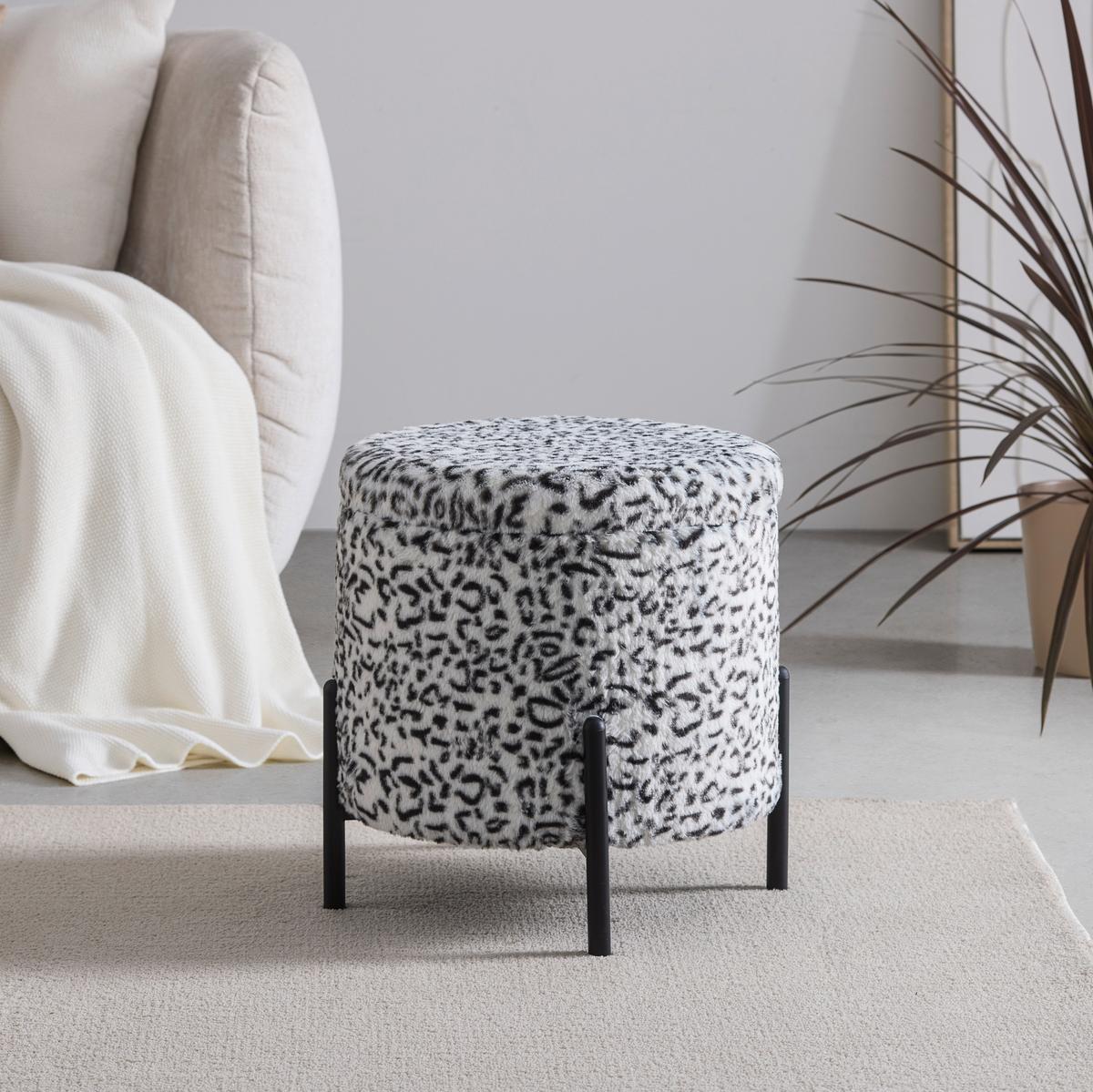 Leopardia taburetka LEO, biela/čierna umelá kožušina - čierna/biela, Lifestyle, kov/kompozitné drevo (38/43/38cm) - Mömax