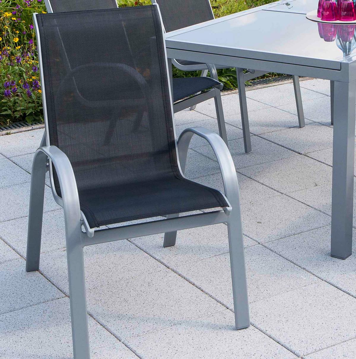 Gartengarnitur 7-tlg. Amalfi Metall/textil Ausziehbar - Silberfarben/Schwarz, ROMANTIK / LANDHAUS, Glas/Textil - Gardenson