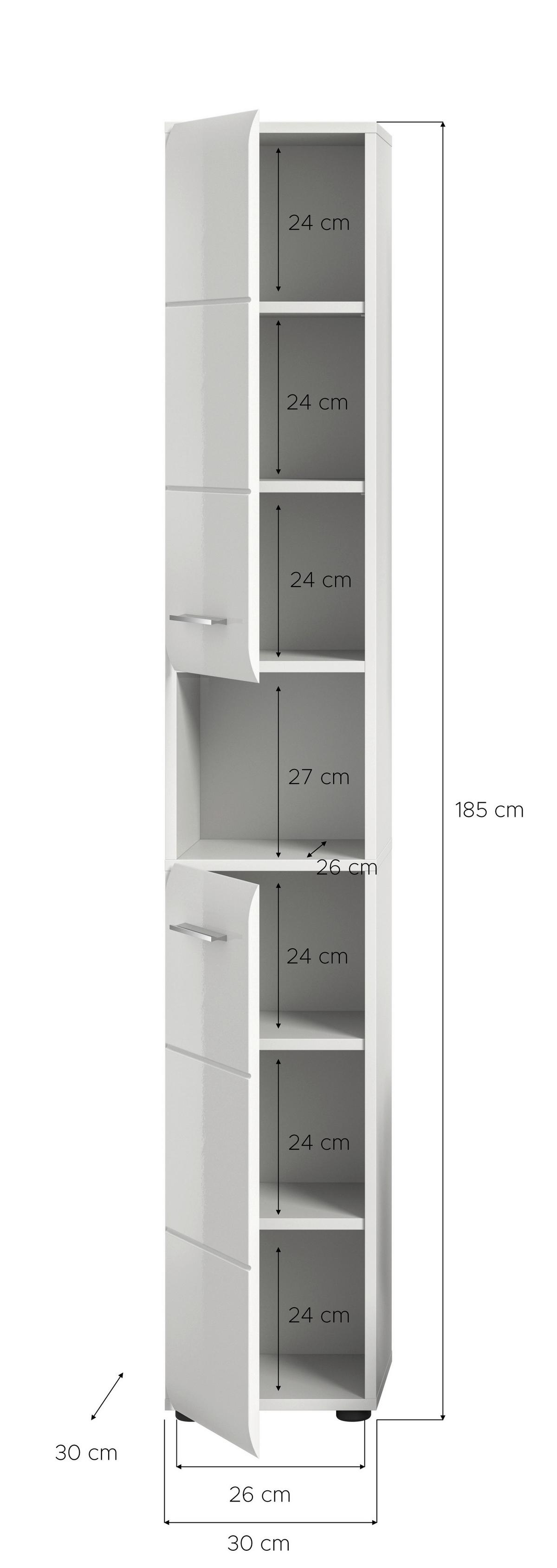 Hochschrank Ice Weiß/weiß Hg B: 30 Cm - Weiß Hochglanz/Weiß, MODERN, Holzwerkstoff (30/185/30cm) - MID.YOU