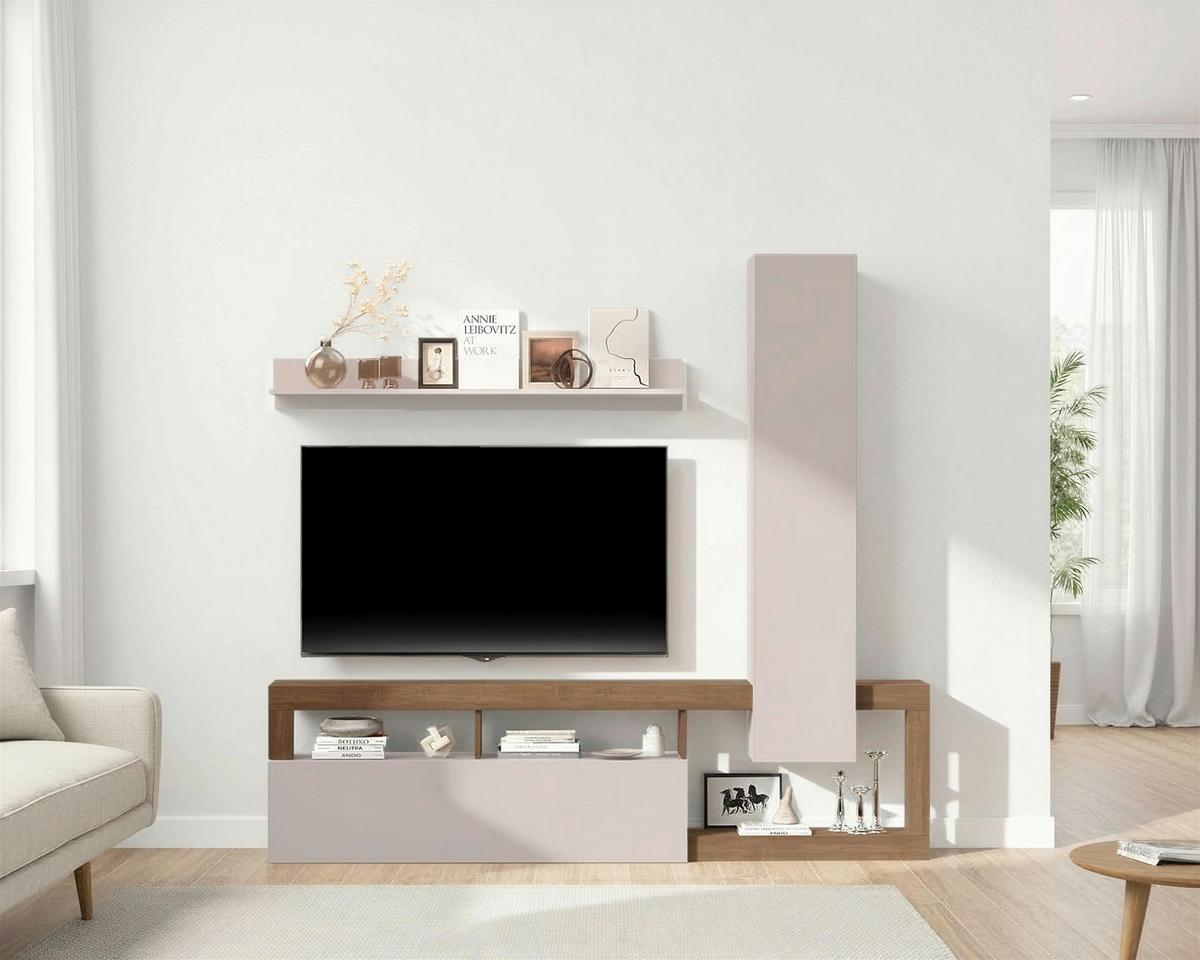 Wohnwand Hamburg Eiche Dekor/kaschmir B: 219cm - Kaschmir/Eichefarben, MODERN, Holzwerkstoff (219/200/35cm)