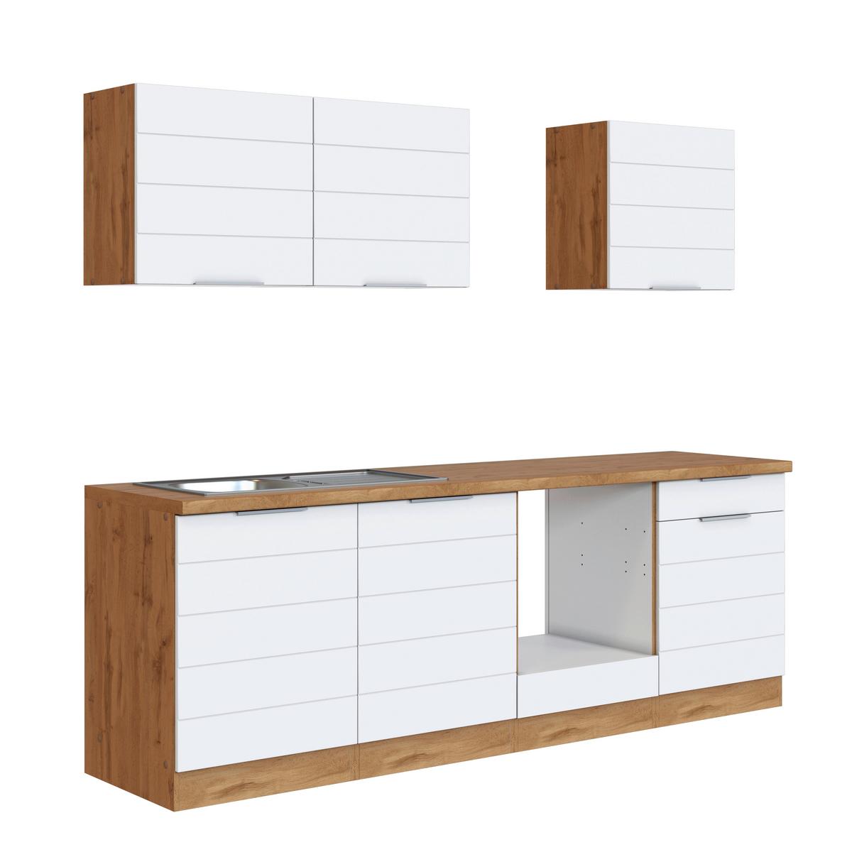 Küchenzeile Florenz ohne Geräte 240 cm Weiß/Eichef. - Eiche Wotan/Weiß, Design, Holzwerkstoff (240cm) - Held