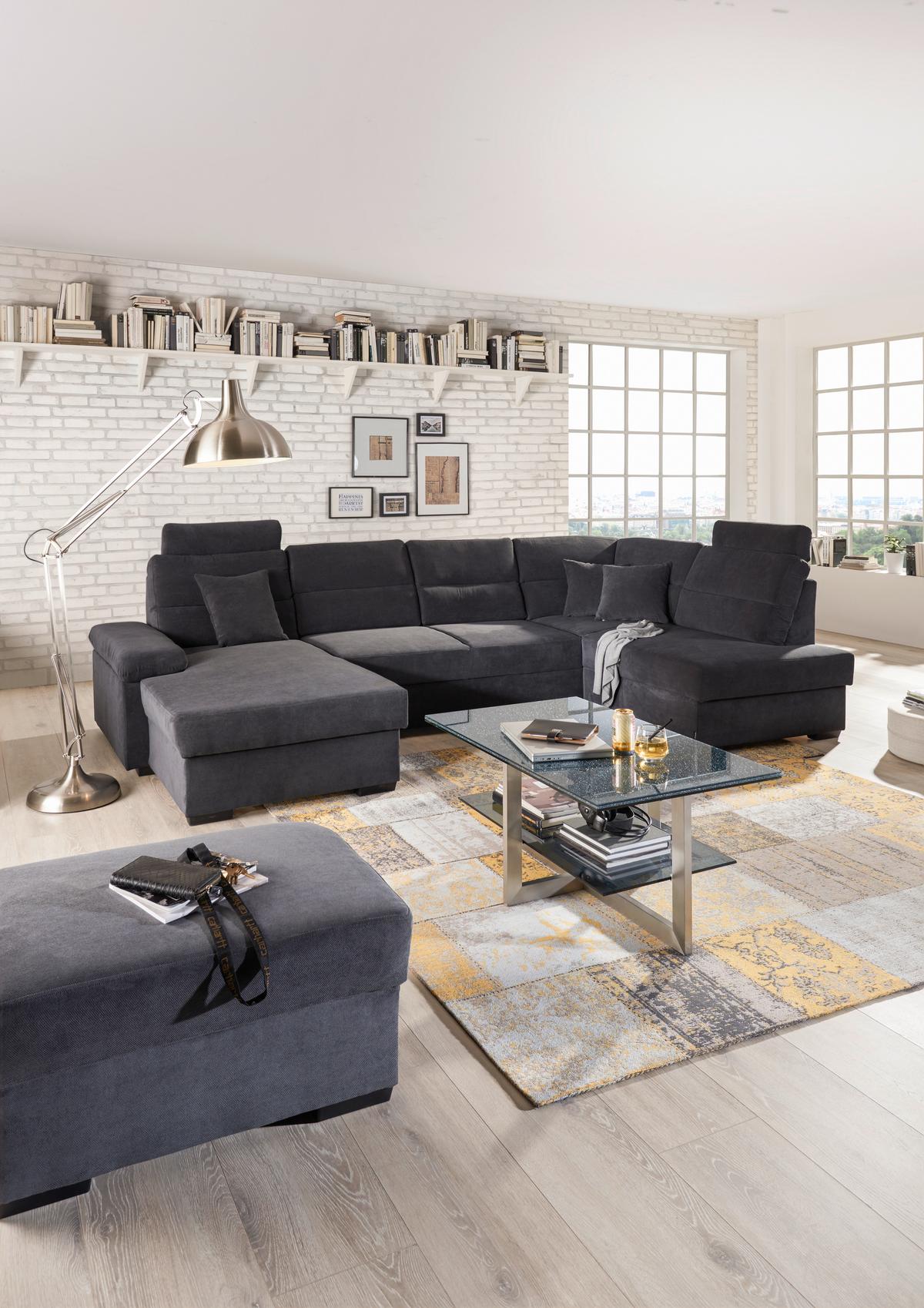 Ecksofa Norman - Anthrazit/Dunkelbraun, Design, Textil (166/319/183cm) - Livetastic