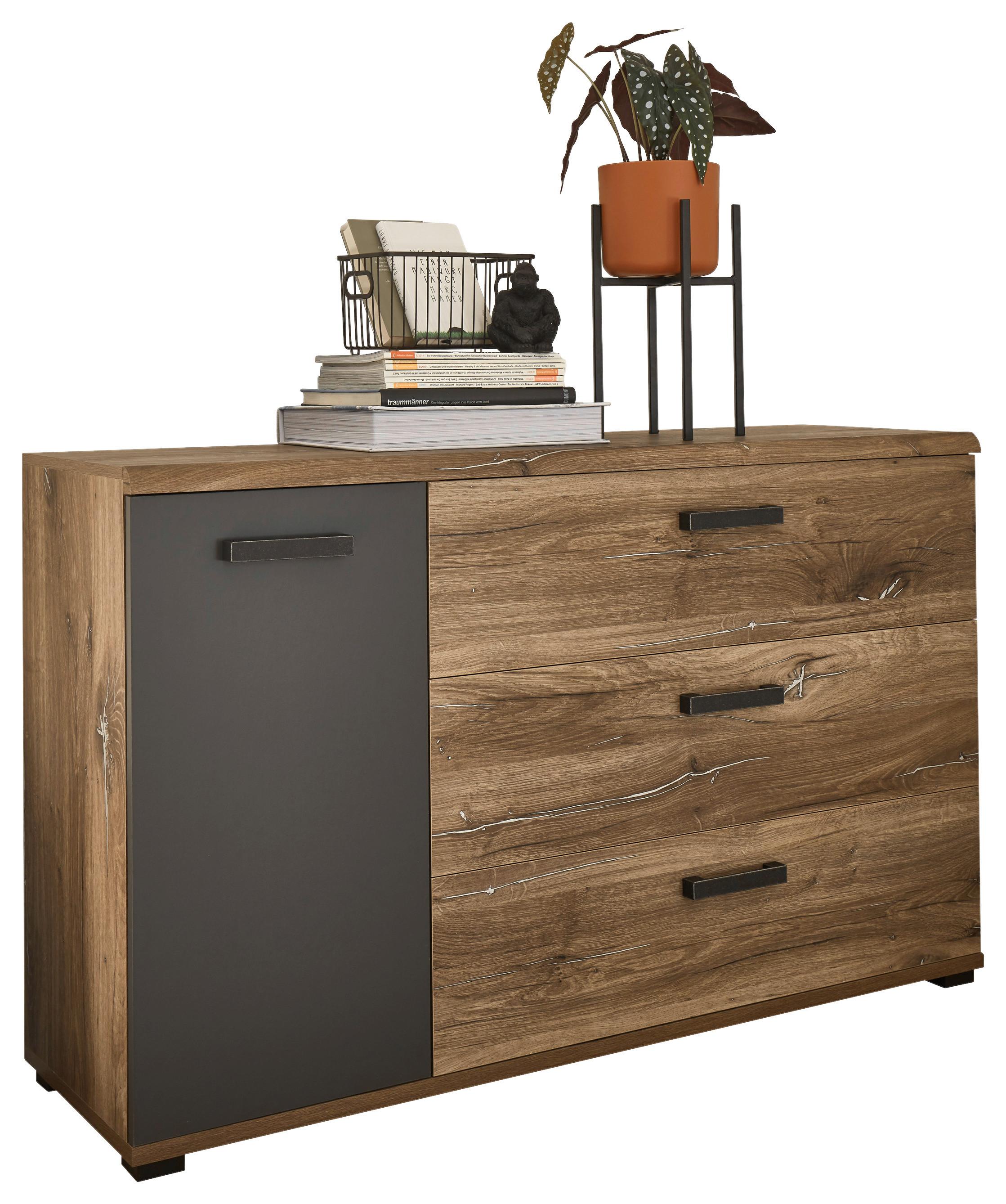 Kommode B: 136 cm Lorena, Eiche Dekor/Graphitfarben - Eichefarben/Schwarz, MODERN, Holzwerkstoff (136/84/42cm) - Livetastic