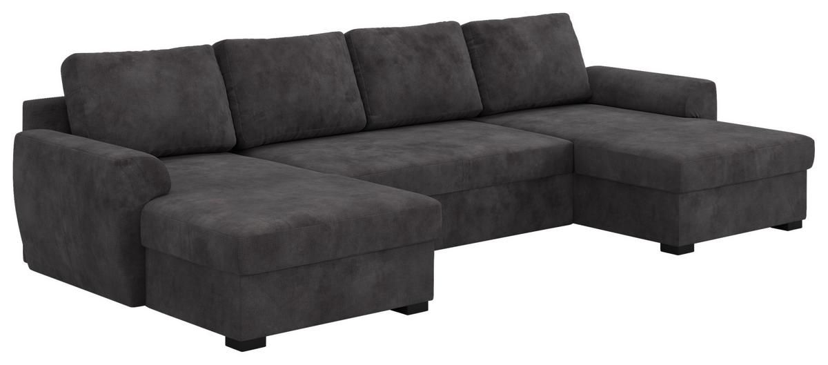 Wohnlandschaft m. Bettfunktion Mikrofaser schwarz, B: 327cm - Schwarz, Trend, Textil (154/327/86cm) - MID.YOU