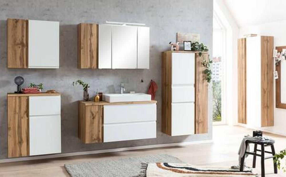 Midischrank Bad Varese B: 65 cm Weiß/Wotaneiche Dekor - Silberfarben/Eiche Wotan, MODERN, Holzwerkstoff (65/130/35cm) - Held