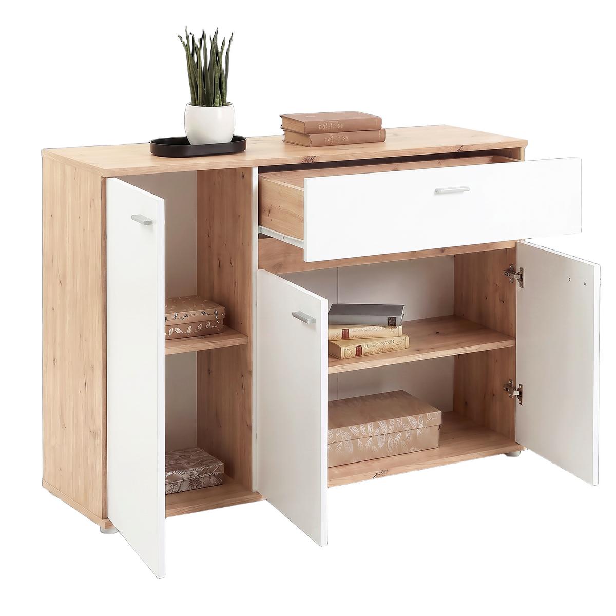 Kommode Carmen Weiß/Eichefarben B: 120,1cm - Eichefarben/Silberfarben, Trend, Holzwerkstoff (120,1/80/35cm) - Based