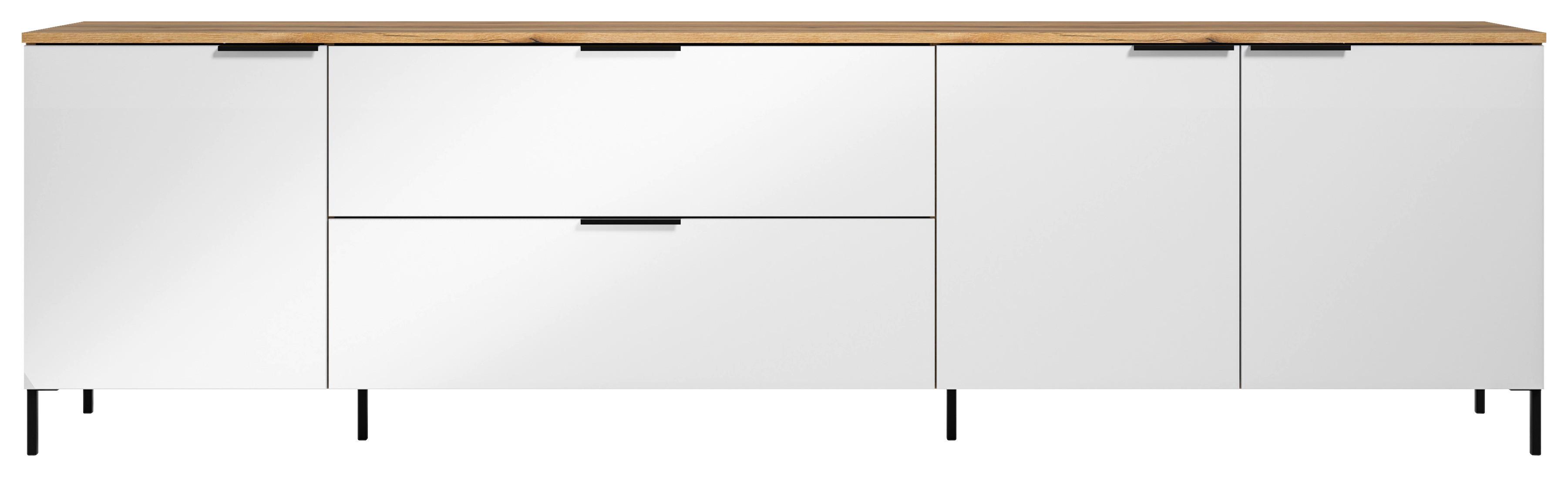 TV-Lowboard Austin 225 cm Eichefarben/Glasfront Weiss - Eichefarben/Schwarz, Trend, Glas/Holzwerkstoff (225/63/40cm)