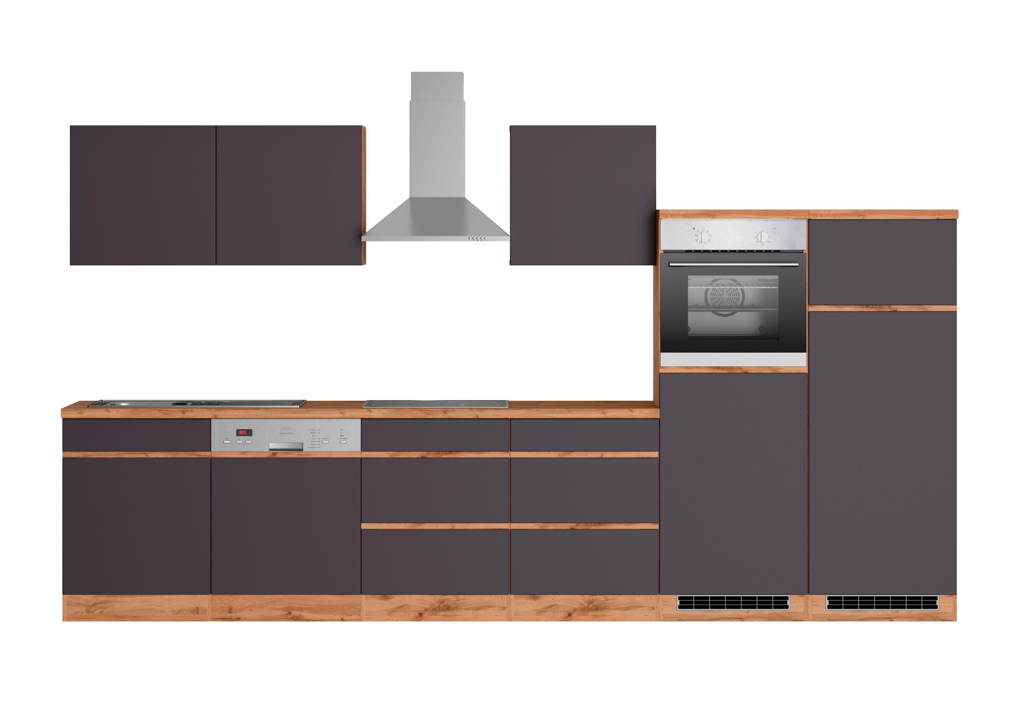 Küchenzeile Turin mit Geräte B: 360cm Grau/Wotaneiche Dekor - Eiche Wotan/Grau, Design, Holzwerkstoff (360cm) - Held