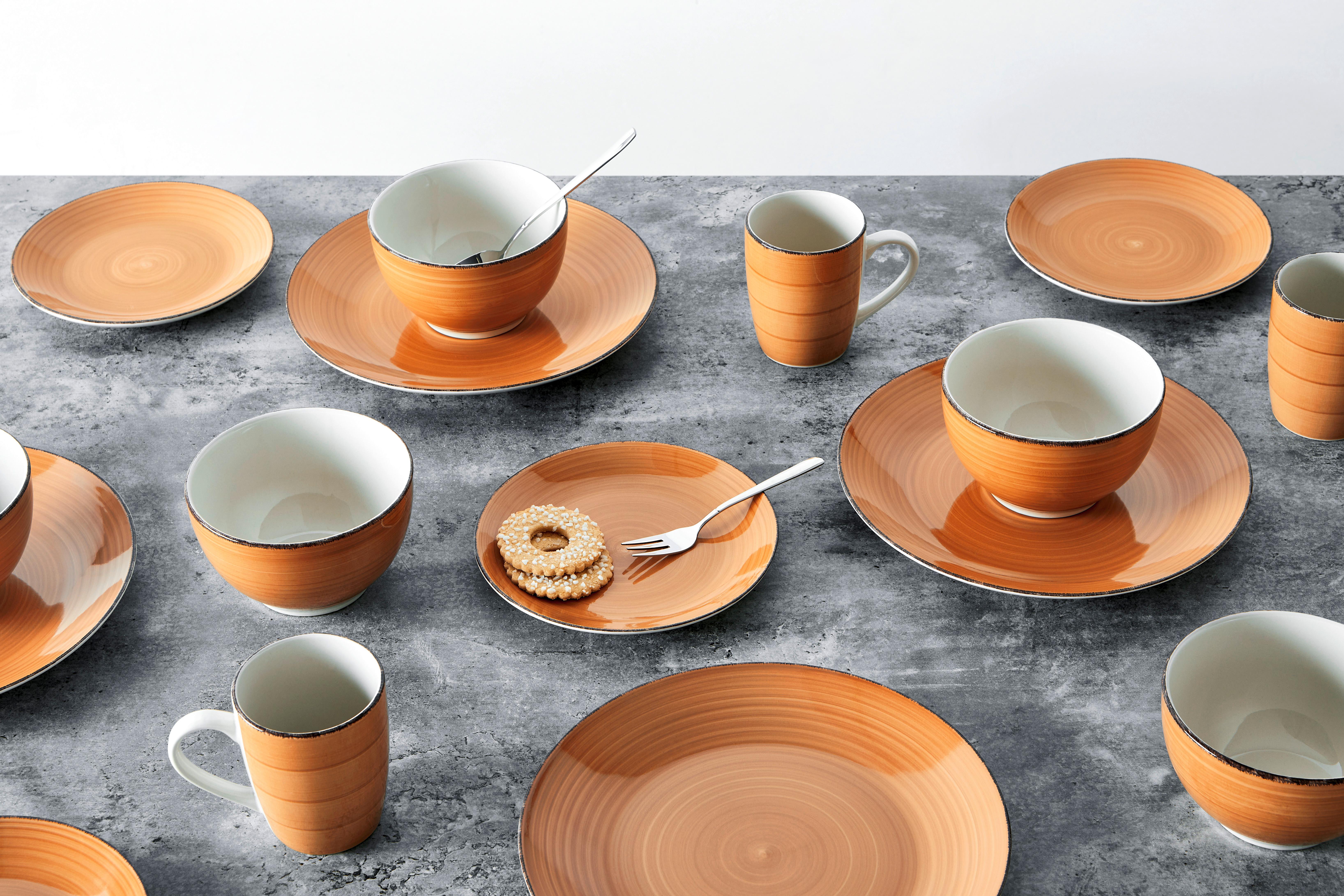 Kombinovaný Servis, Kamenina 16-Dielny, Oranžová - oranžová, Moderný, keramika - Bessagi Home