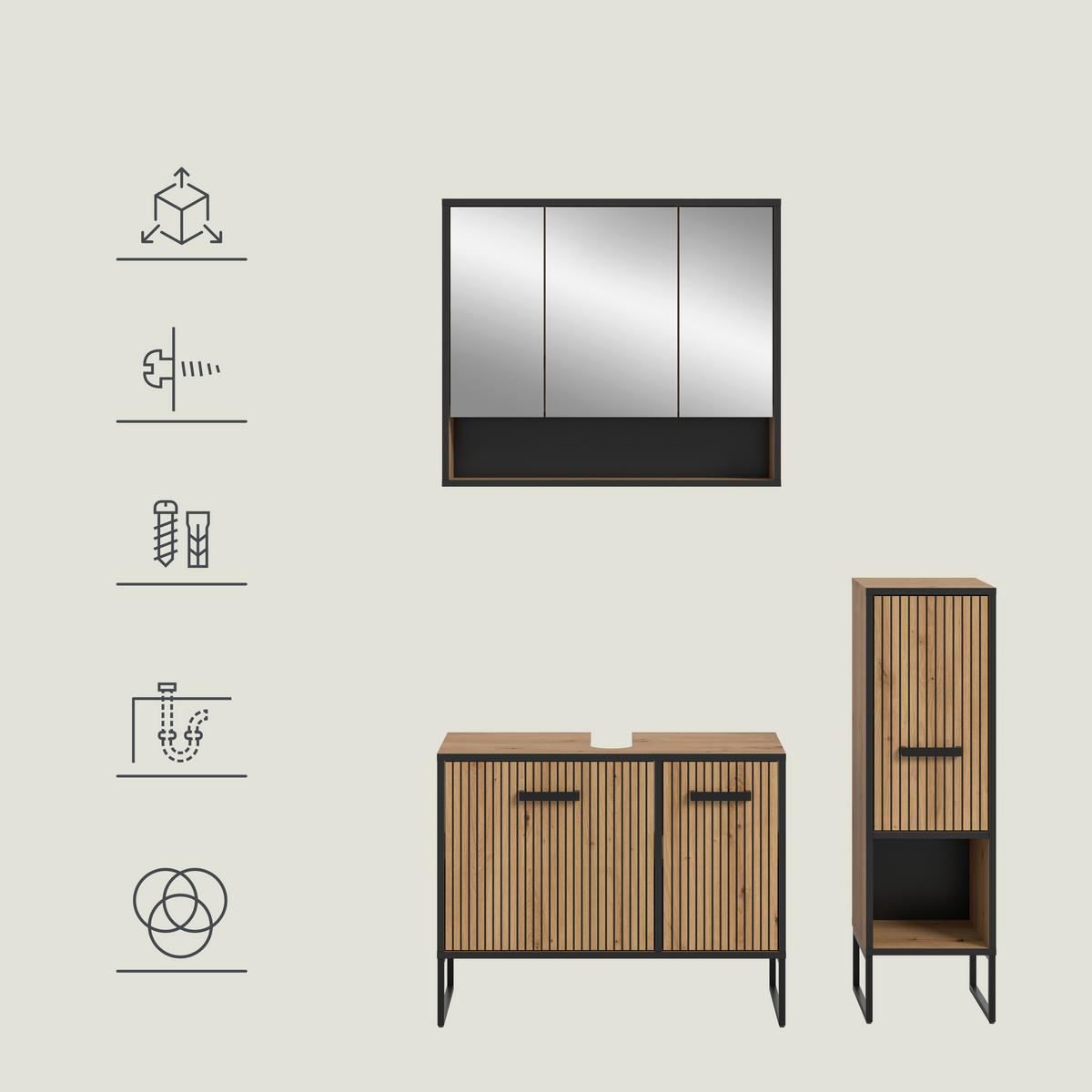 Badezimmer Bagno Schwarz /Eiche Artisan Dekor B: 110cm - Schwarz/Eiche Artisan, Trend, Glas/Holzwerkstoff (110cm) - MID.YOU