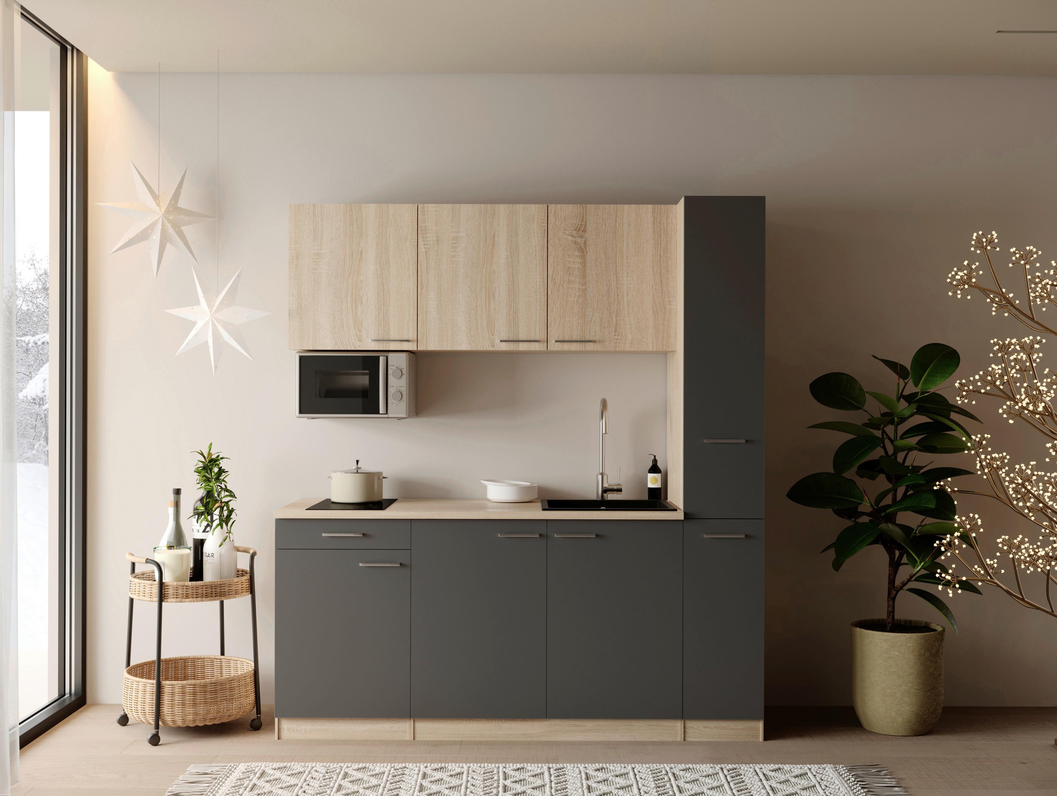 KÜCHENBLOCK Ingrid, Grau B: 180 cm - Eichefarben/Grau, Design, Holzwerkstoff (180cm) - Respekta