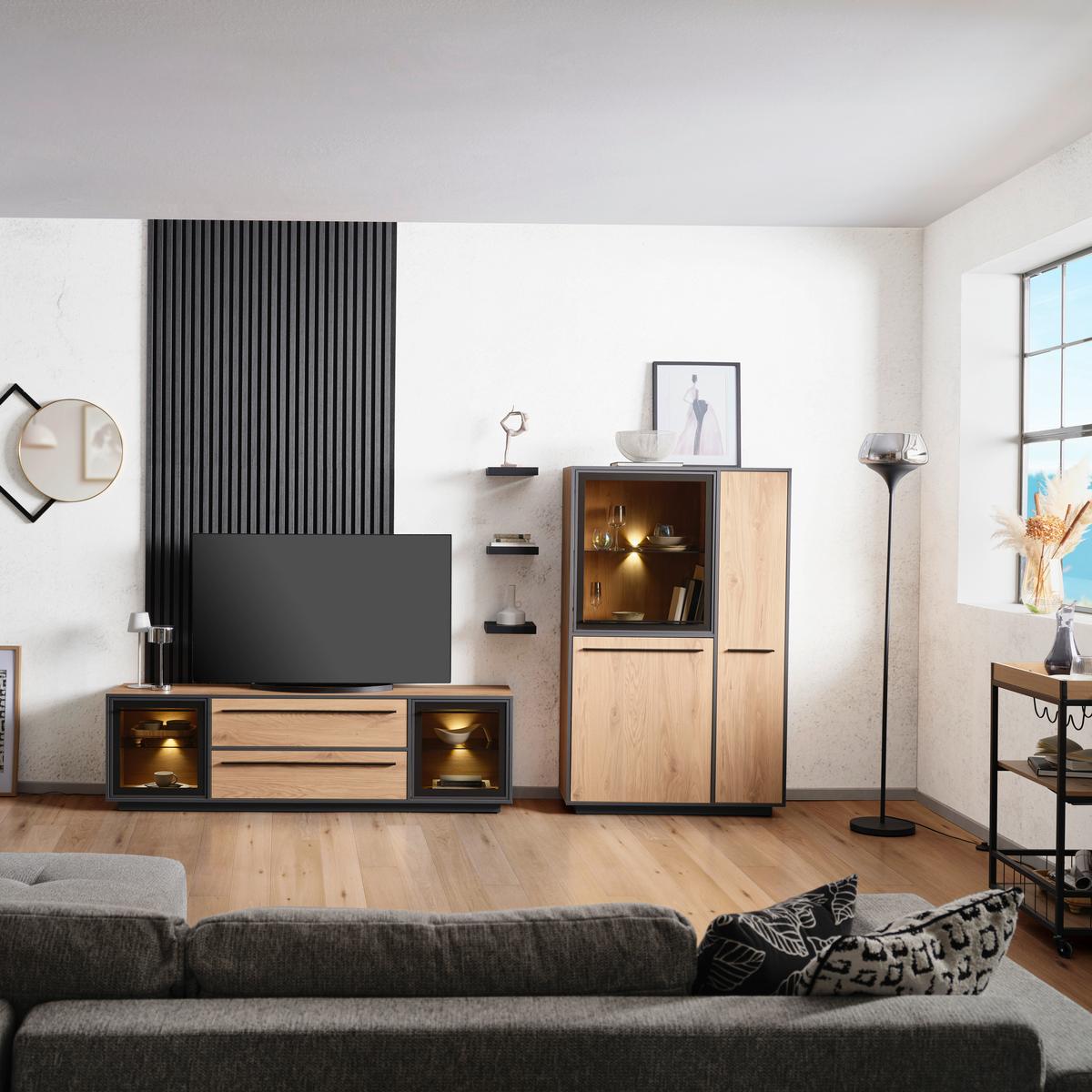 Highboard Nadiro B: 101 Cm Wildeiche Dekor/schwarz Matt - Eichefarben/Schwarz, Trend, Glas/Holzwerkstoff (101/161/41cm) - Livetastic