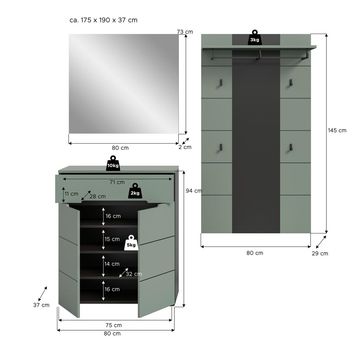 Garderobe Canu 3-teilig Grau/grün B: 175 Cm - Graugrün/Grau, Design, Holzwerkstoff (175/190/37cm) - Livetastic