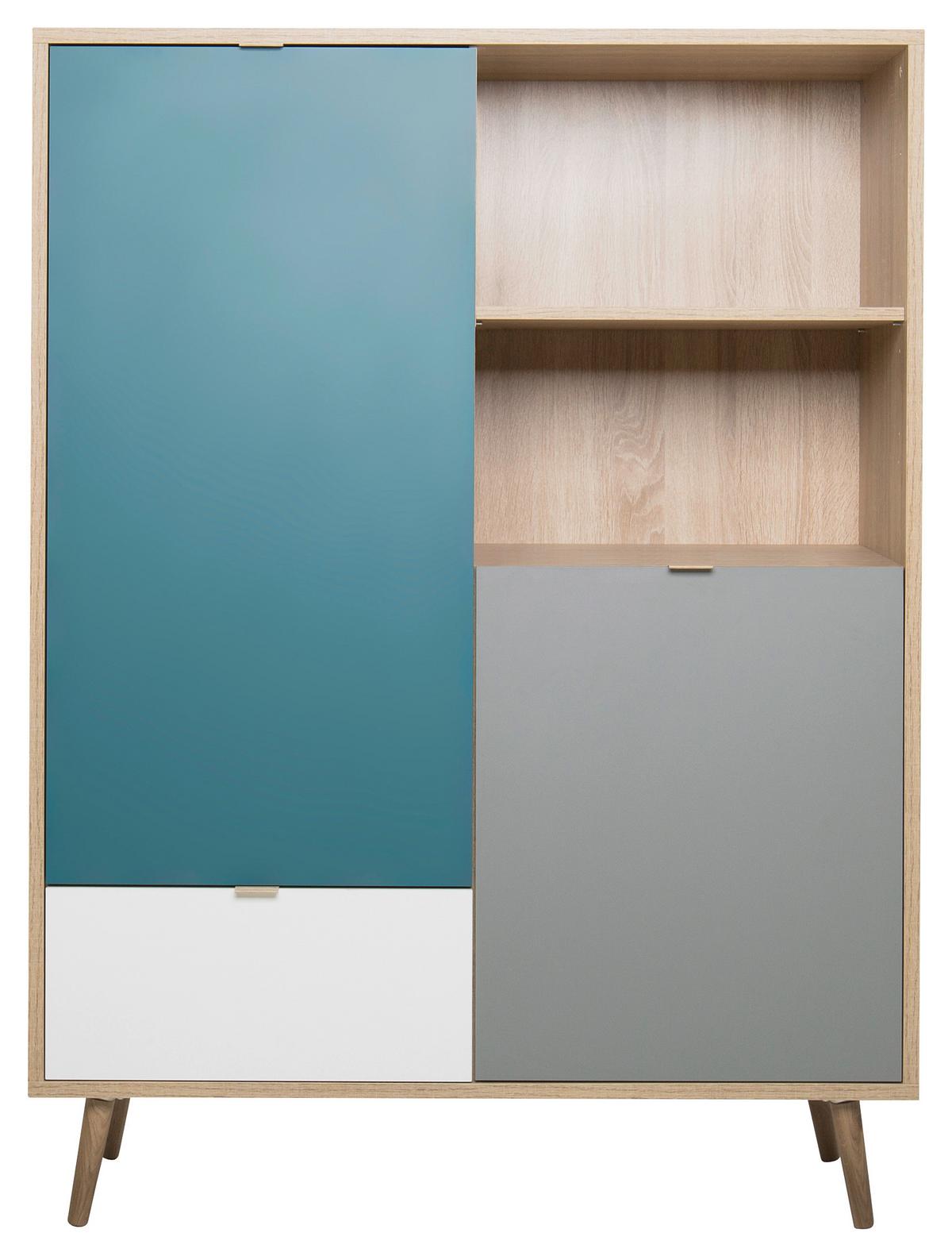 Highboard 103cm Cuba 53-Trend, Eiche Dekor/Grau/Petrol/Weiß - Eichefarben/Petrol, Trend, Holzwerkstoff (103/139/40cm) - MID.YOU