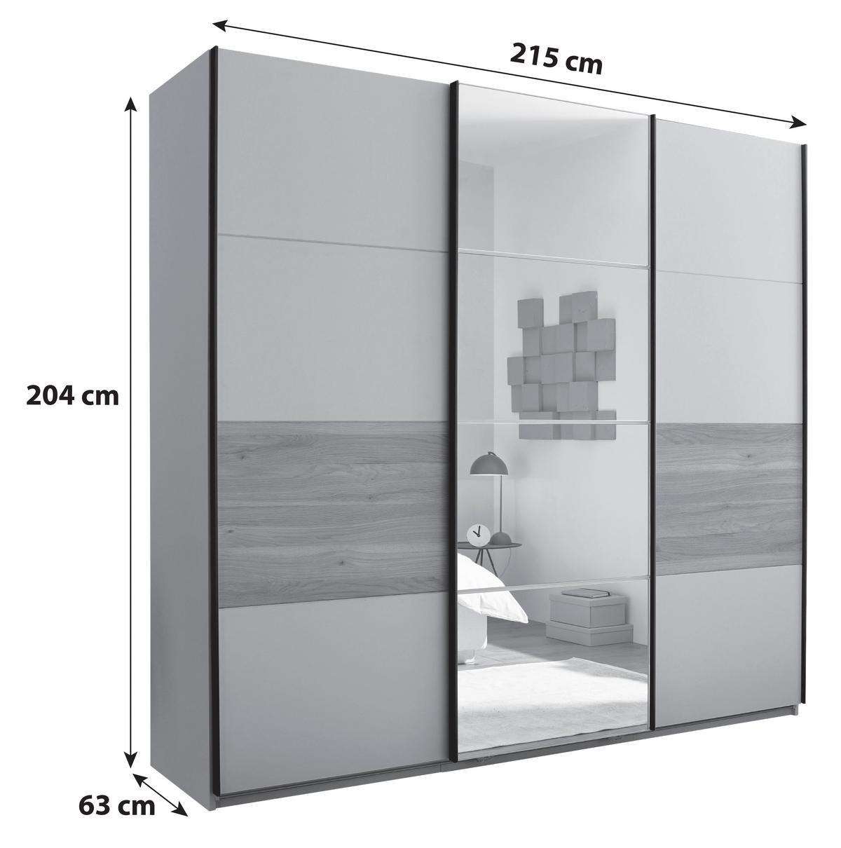 Schwebetürenschrank mit Spiegel 215cm Tessona Kaschmir - Kaschmir/Eichefarben, Trend, Glas/Holzwerkstoff (215/204/63cm)