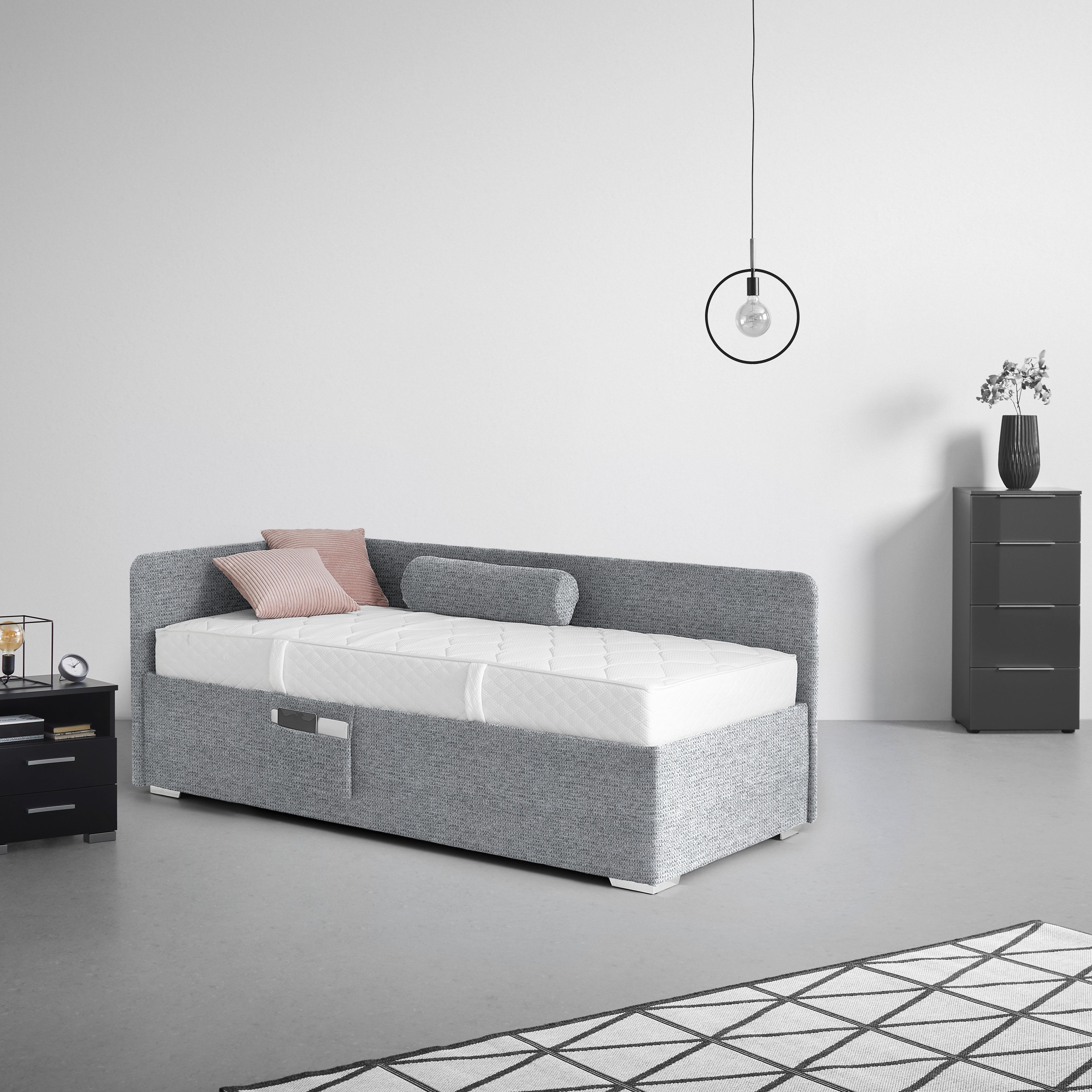 Posteľ Remi s bočnicami 90x200, poťah tmavosivý - prírodná farba/chrómová, Konventionell, drevo/textil (90/200cm)