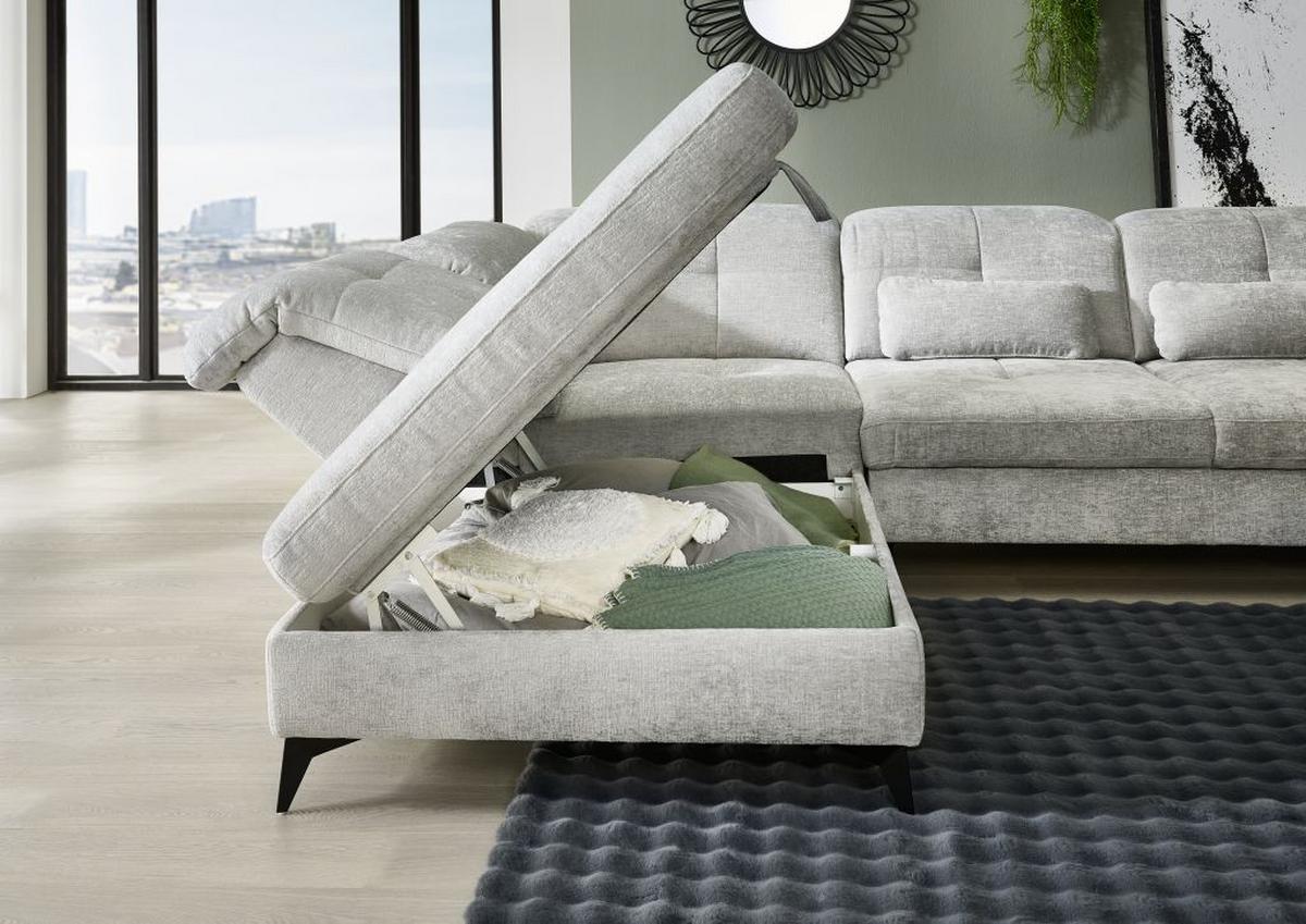 Sedačka SORENA L, ľavá, sv.sivá ženilka, s funkciami - čierna/svetlosivá, Modern, kov/textil (255/311cm) - Premium Living