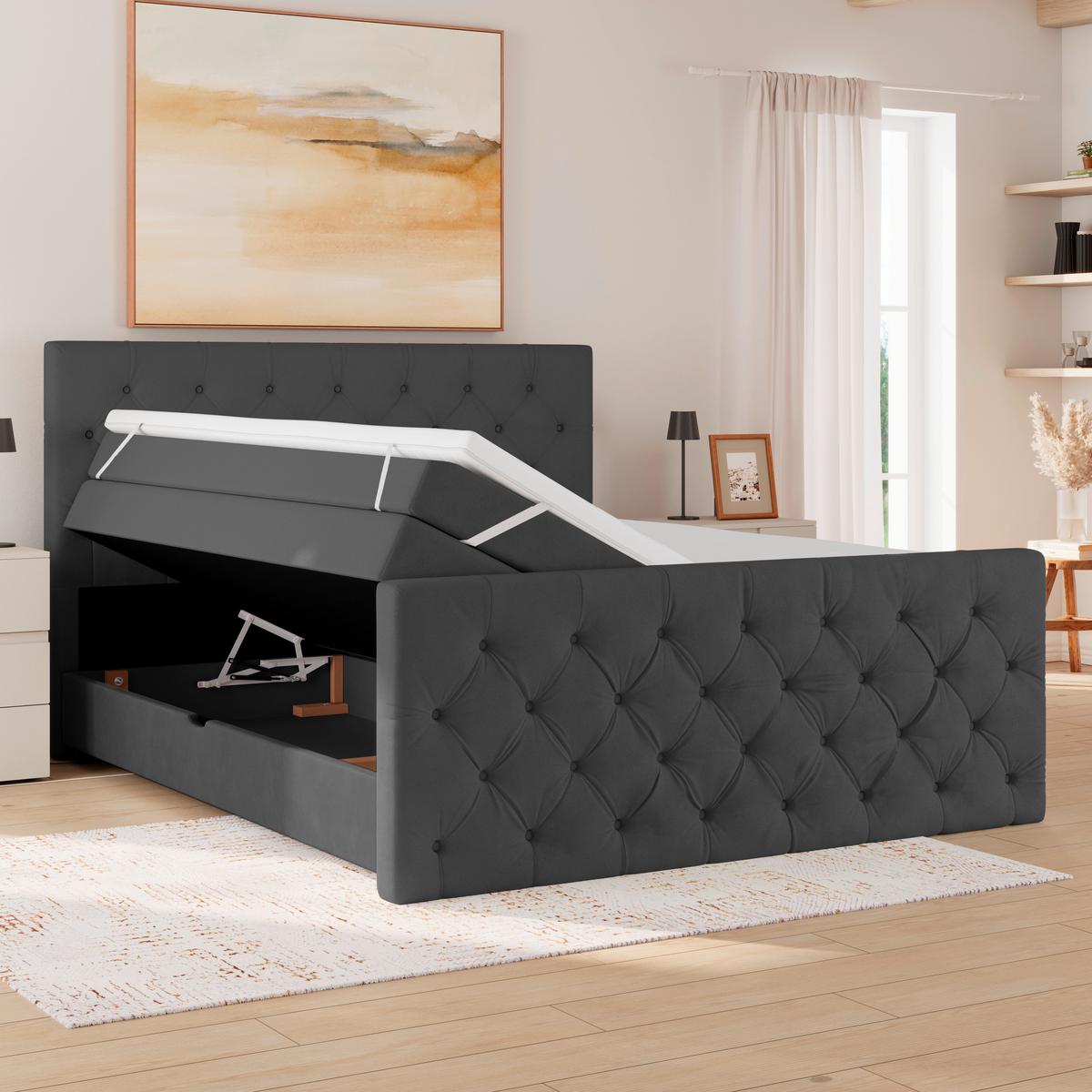 Boxspringbett Elio Graphitfarben 160x200 cm H3 - Beige/Schwarz, ROMANTIK / LANDHAUS, Textil (160/200cm) - James Wood