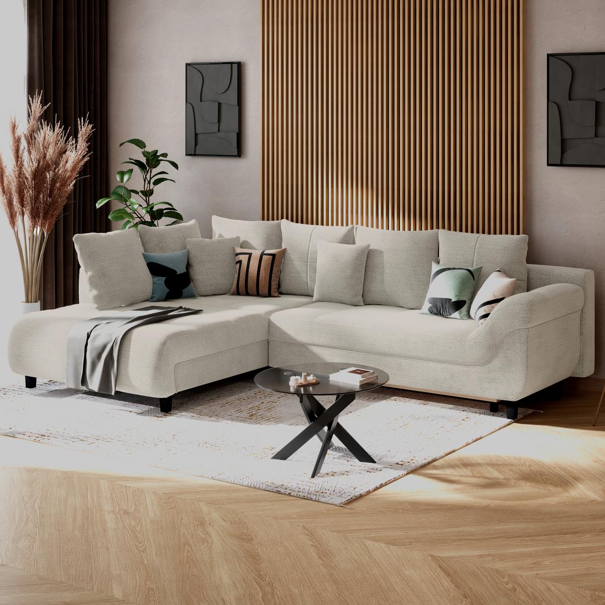 Ecksofa mit Schlaffunktion Mendoza New Chenille 197x309cm - Greige/Schwarz, KONVENTIONELL, Textil (197/309cm) - Ondega