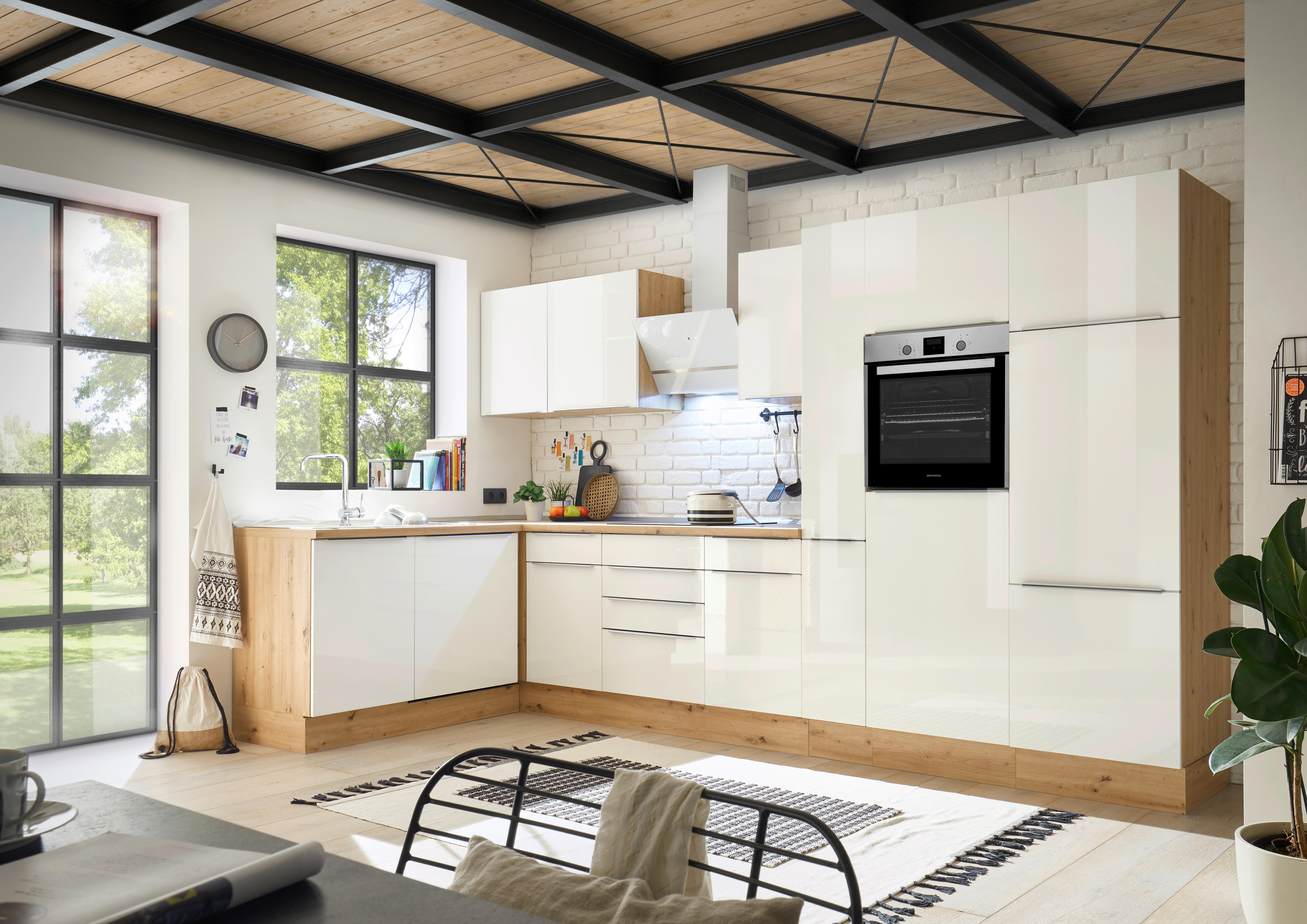 Eckküche mit Geräten 370x170 cm Weiß/Eiche Dekor, Modern - Weiß Hochglanz/Eiche Artisan, LIFESTYLE, Holzwerkstoff (170/370cm) - Respekta