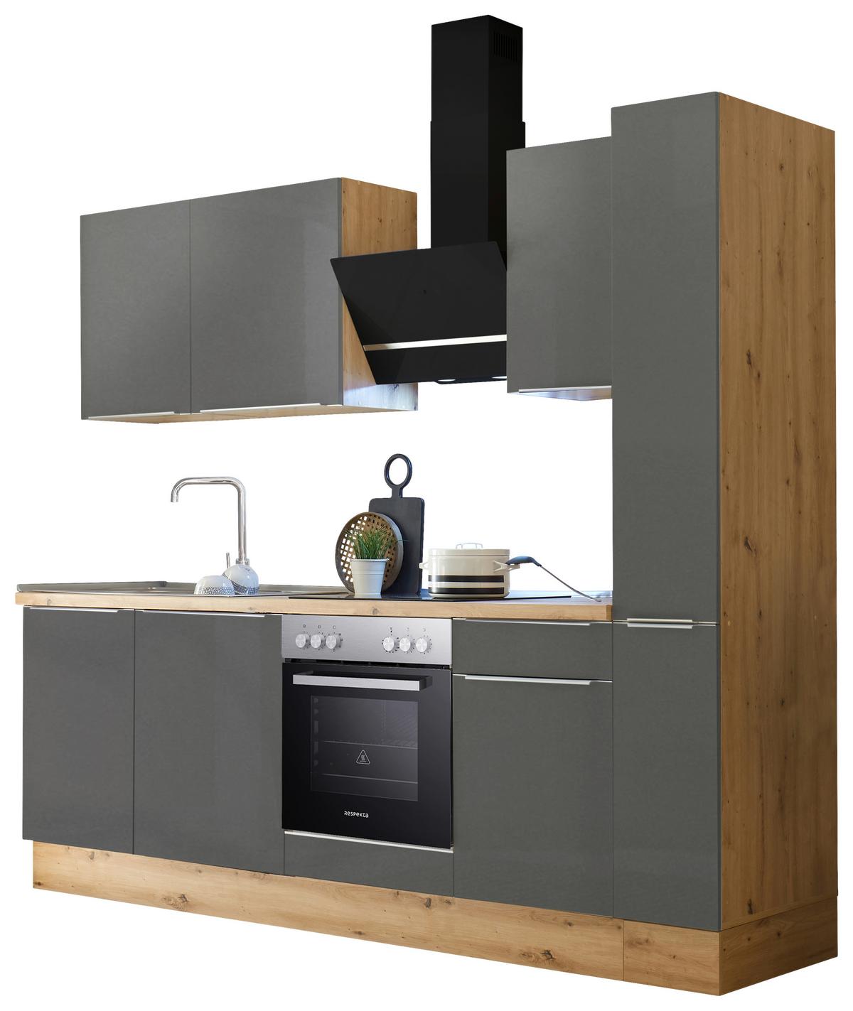 Küchenzeile mit Geräten B: 250 cm Grau/Eiche Dekor - Anthrazit/Eiche Artisan, LIFESTYLE, Holzwerkstoff (250cm) - Respekta